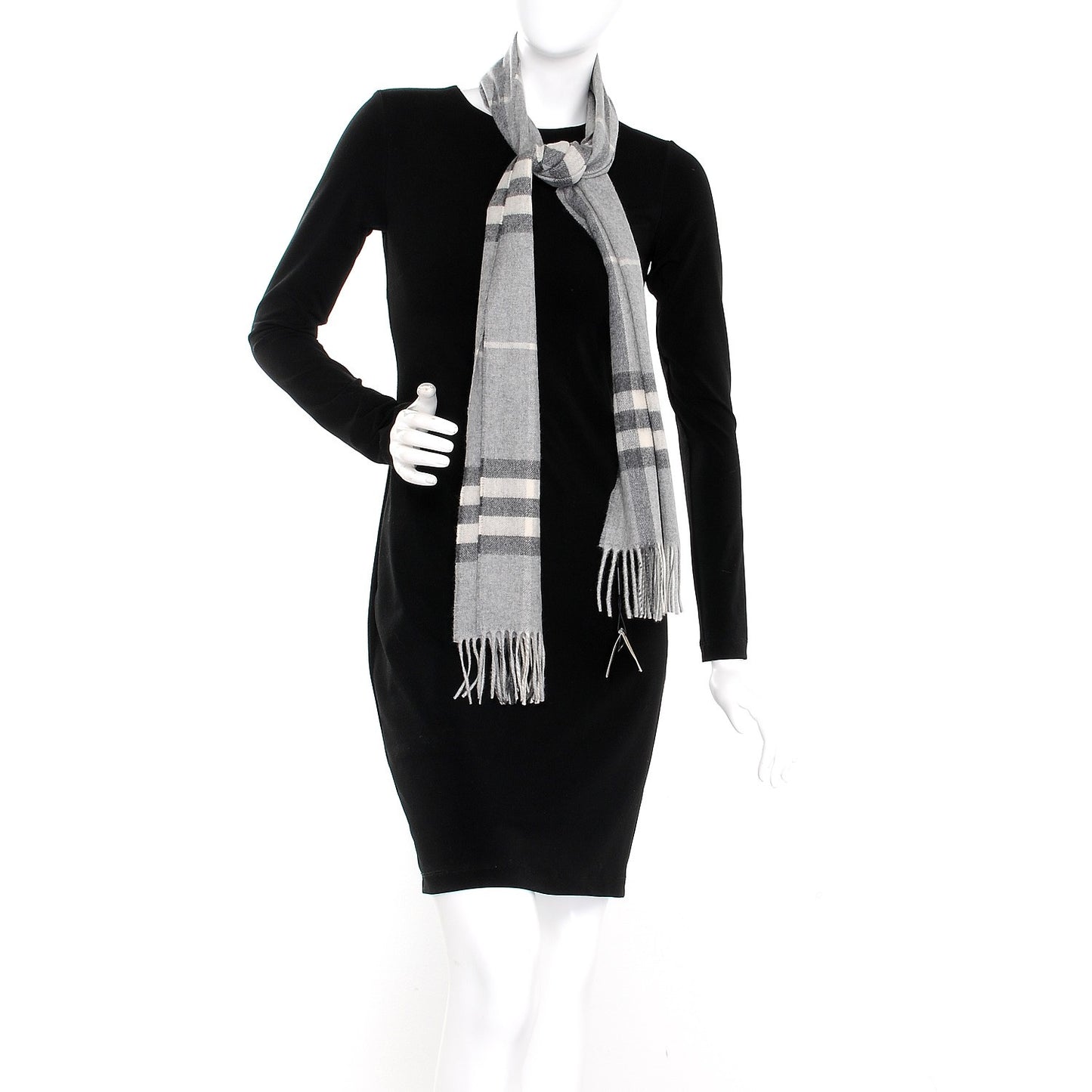 Cashmere Giant Check Fringe Scarf Pale Grey