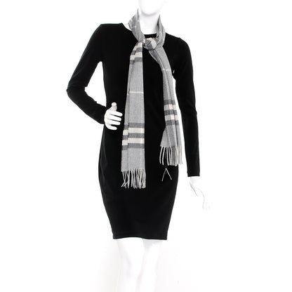 Burberry Cashmere Giant Check Fringe Scarf Pale Grey 2 of 6