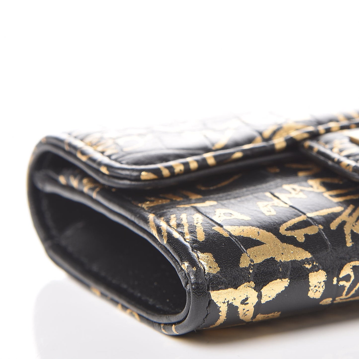 Calfskin Crocodile Embossed Graffiti 2.55 Cocodile Reissue Flap Card Holder Black Gold