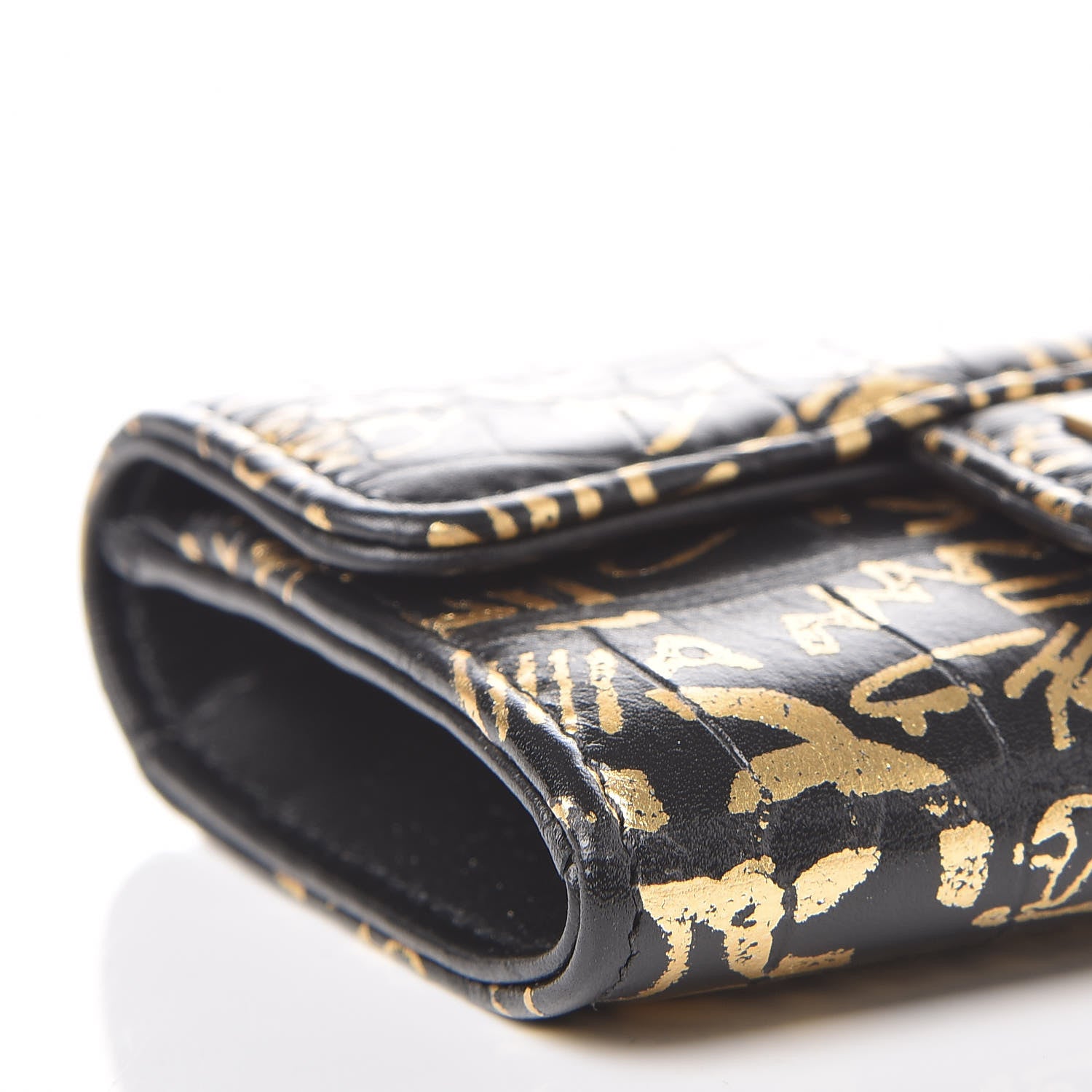 Chanel Calfskin Crocodile Embossed Graffiti 2.55 Cocodile Reissue Flap Card Holder Black Gold 9 of 12