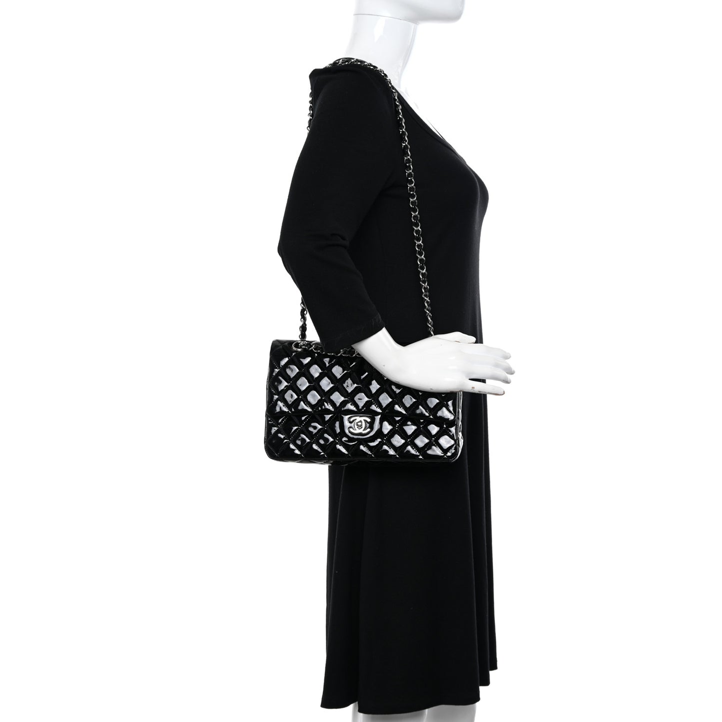 Patent Quilted Medium Double Flap Black
