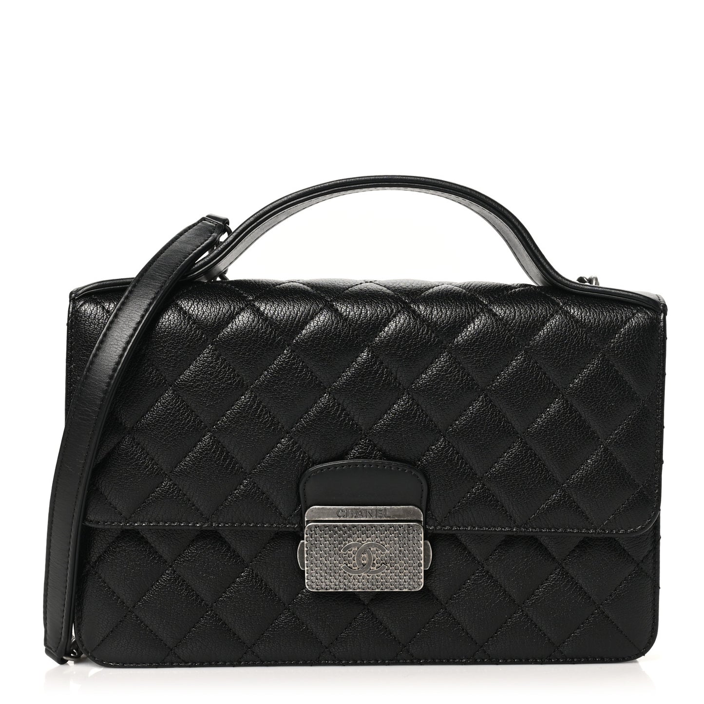 Goatskin Quilted Small CC University Top Handle Flap Black