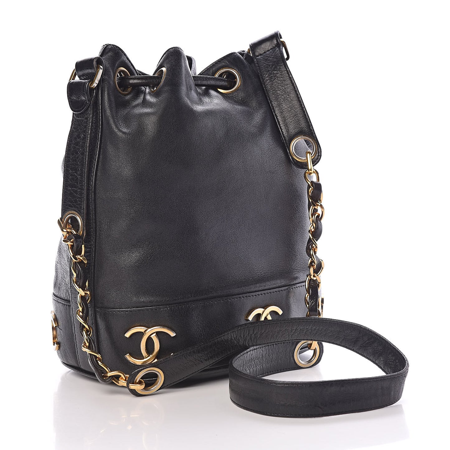 Lambskin CC Drawstring Shoulder Bag Black