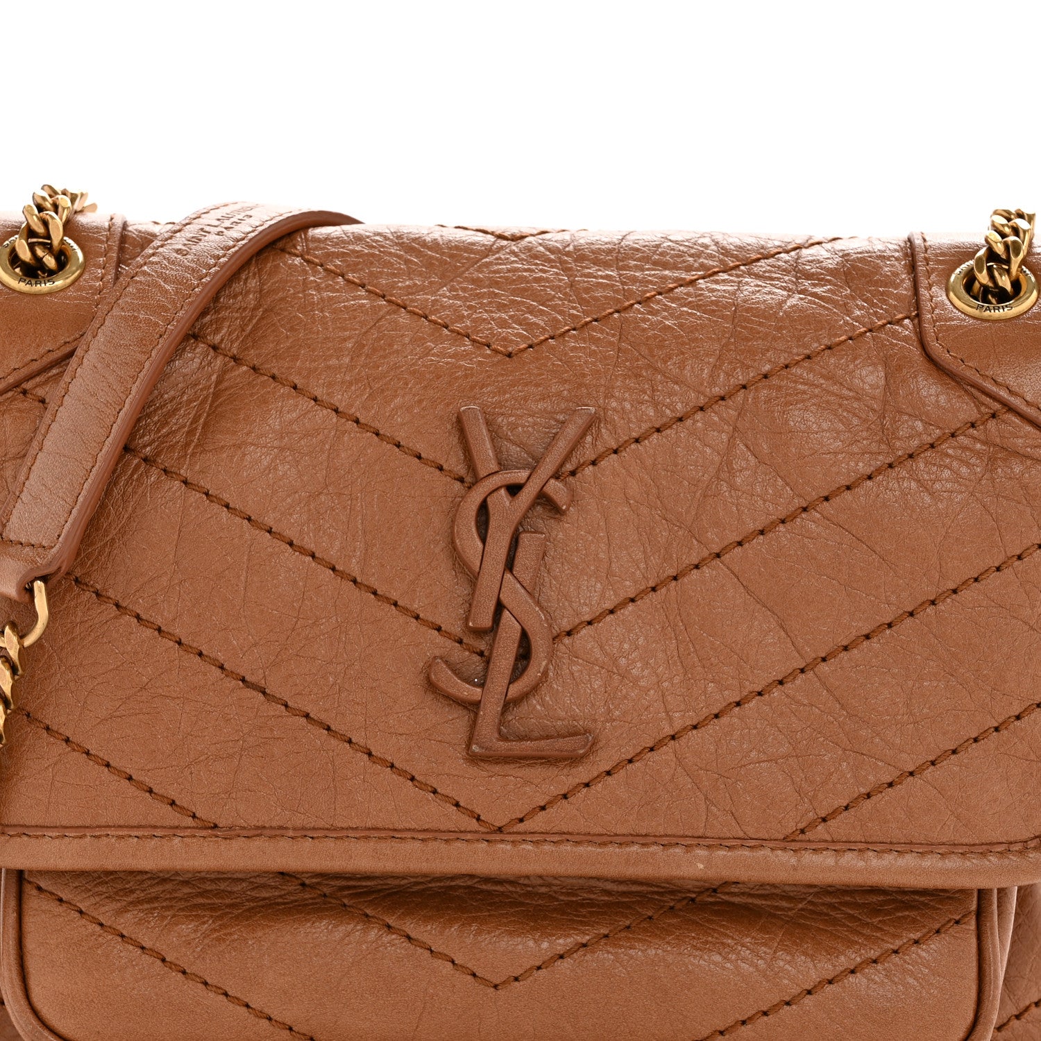 Saint Laurent Crinkled Calfskin Matelasse Monogram Baby Niki Chain Satchel Light Caramel 8 of 14