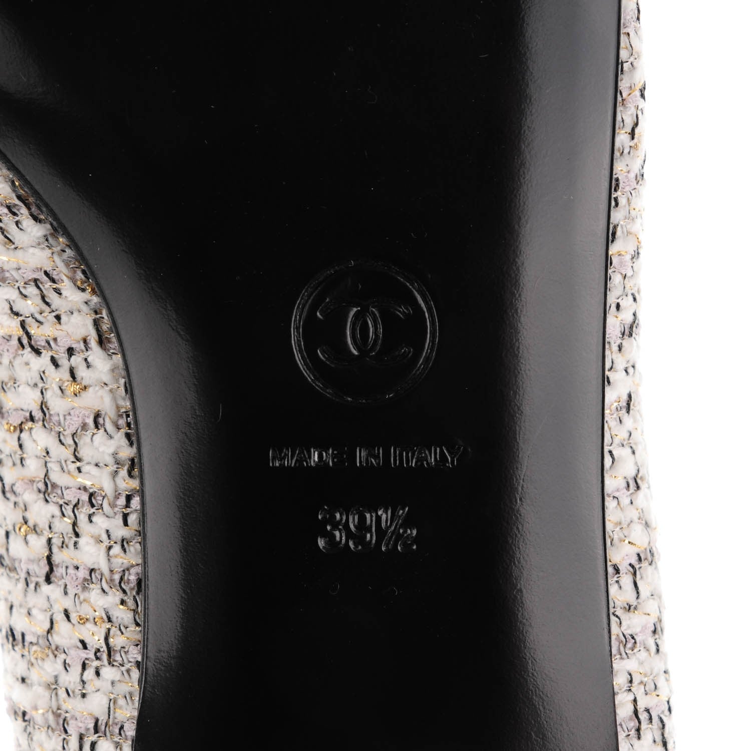 Chanel Tweed Patent Cap Toe Charm Loafers 39.5 Ecru Black Gold 7 of 11