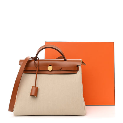 Hermes Military Toile Vache Hunter Herbag Zip Retourne 31 PM Beton Naturel 12 of 12