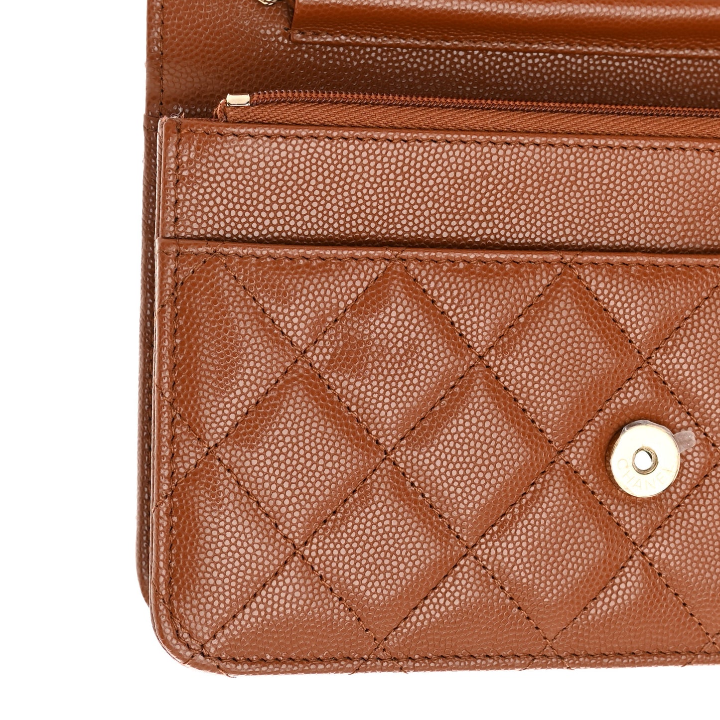 Shiny Caviar Quilted Strass Wallet On Chain WOC Light Brown