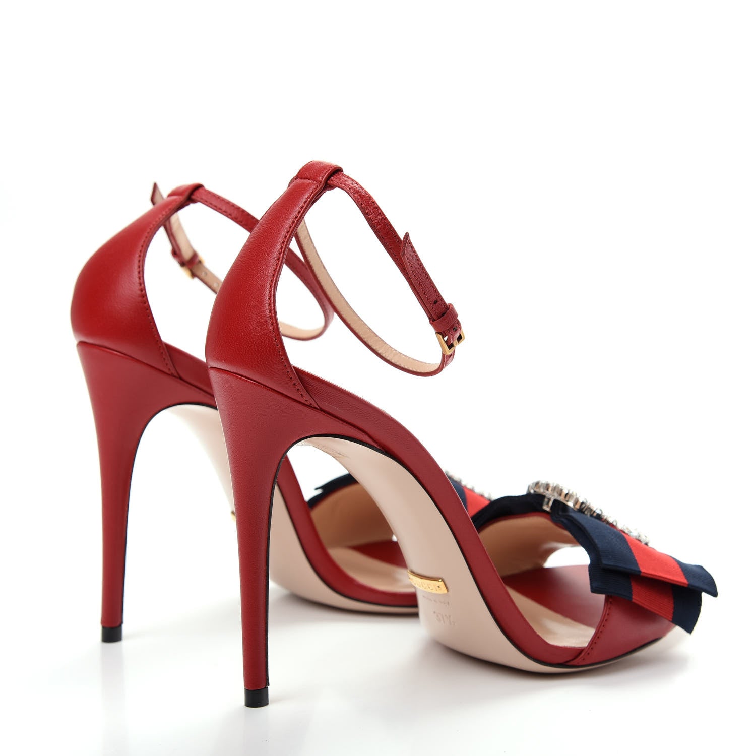 Gucci Nappa Crystal Web Ankle Strap High Heel Sandals 37.5 Hibiscus Red 4 of 8