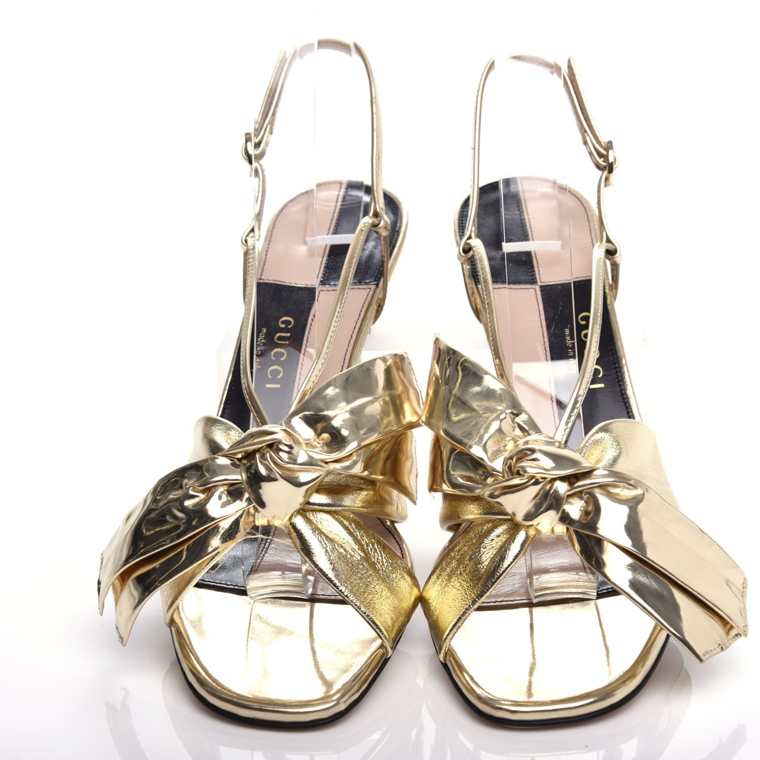 Gucci Metallic Nappa Bow Daphne Mid Heel Sandals 38.5 Platino 6 of 11