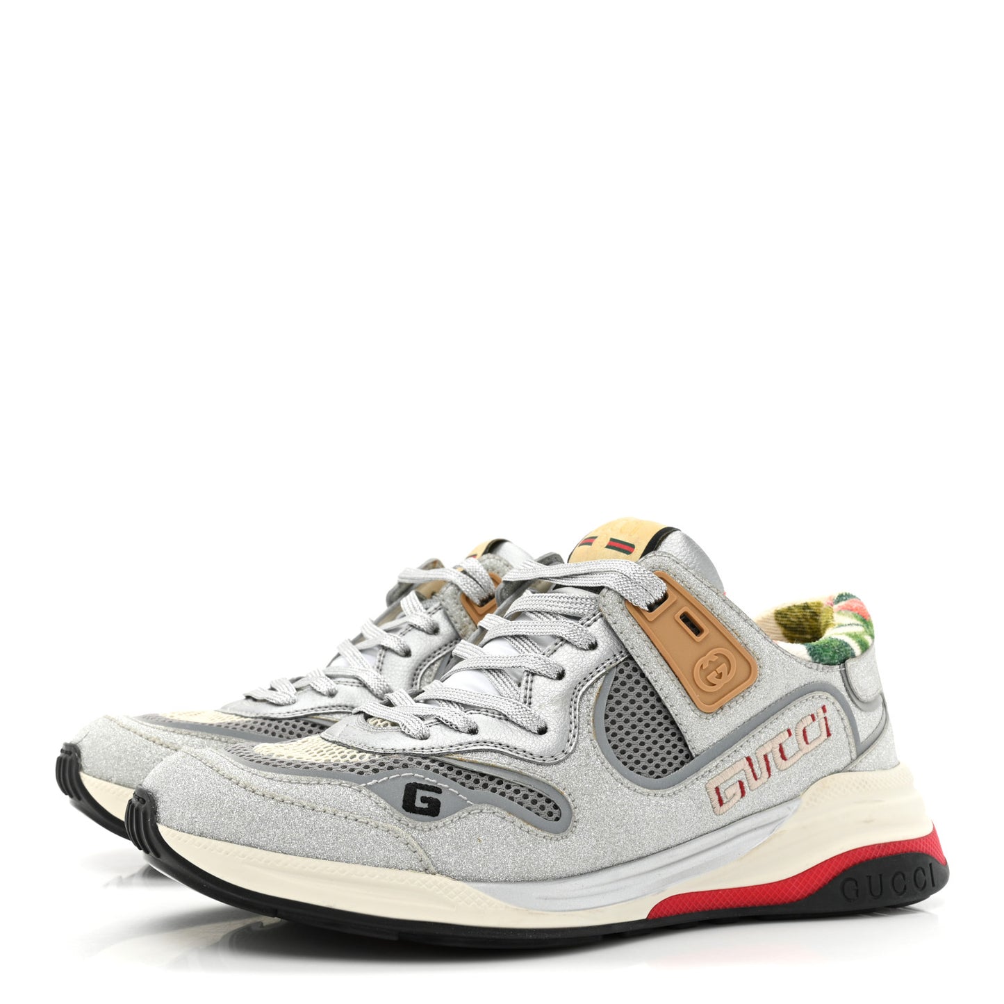 Metallic Calfskin Glitter Mesh Womens Ultrapace Sneakers 38 Silver Light Grey Mystic White