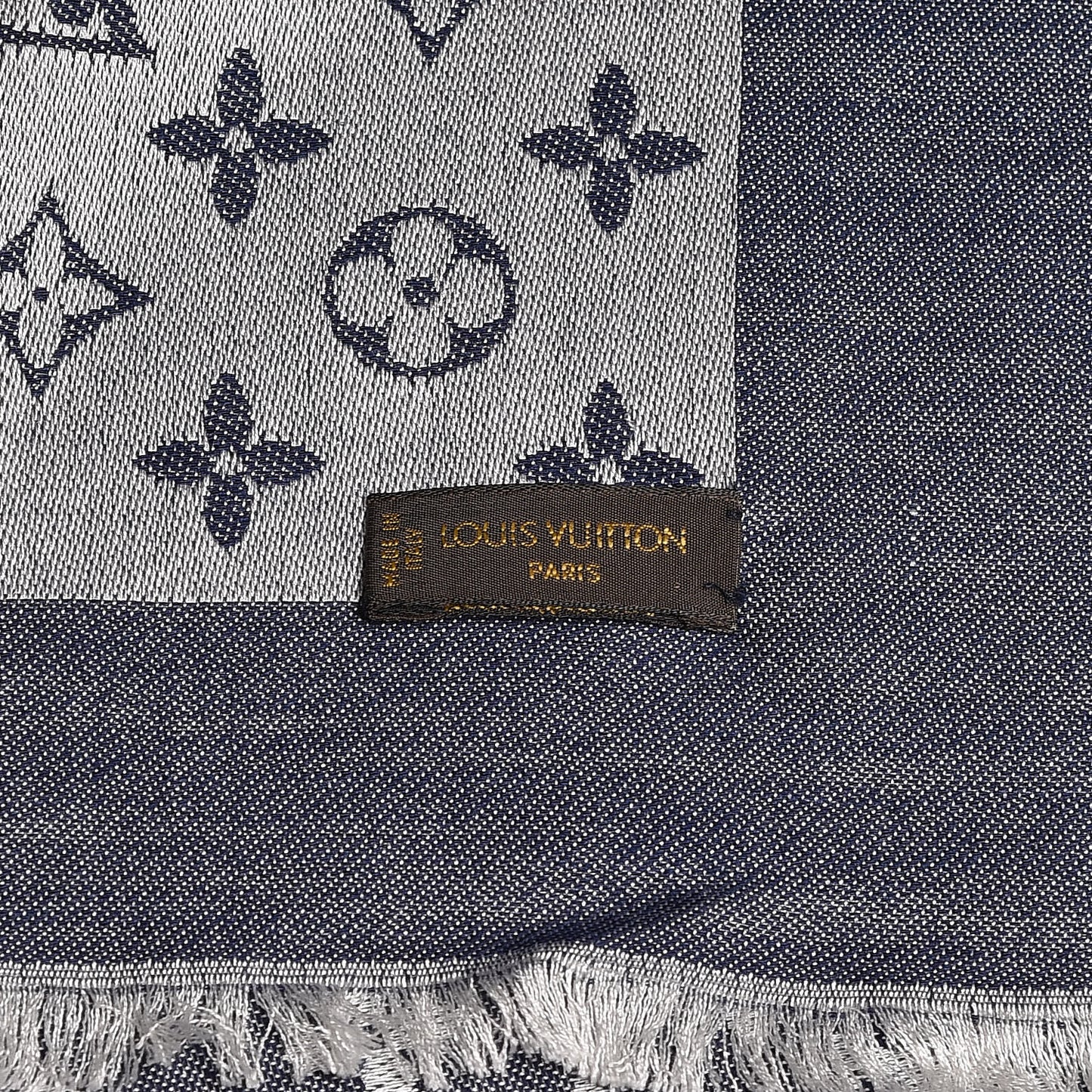 Wool Silk Monogram Denim Shawl Blue