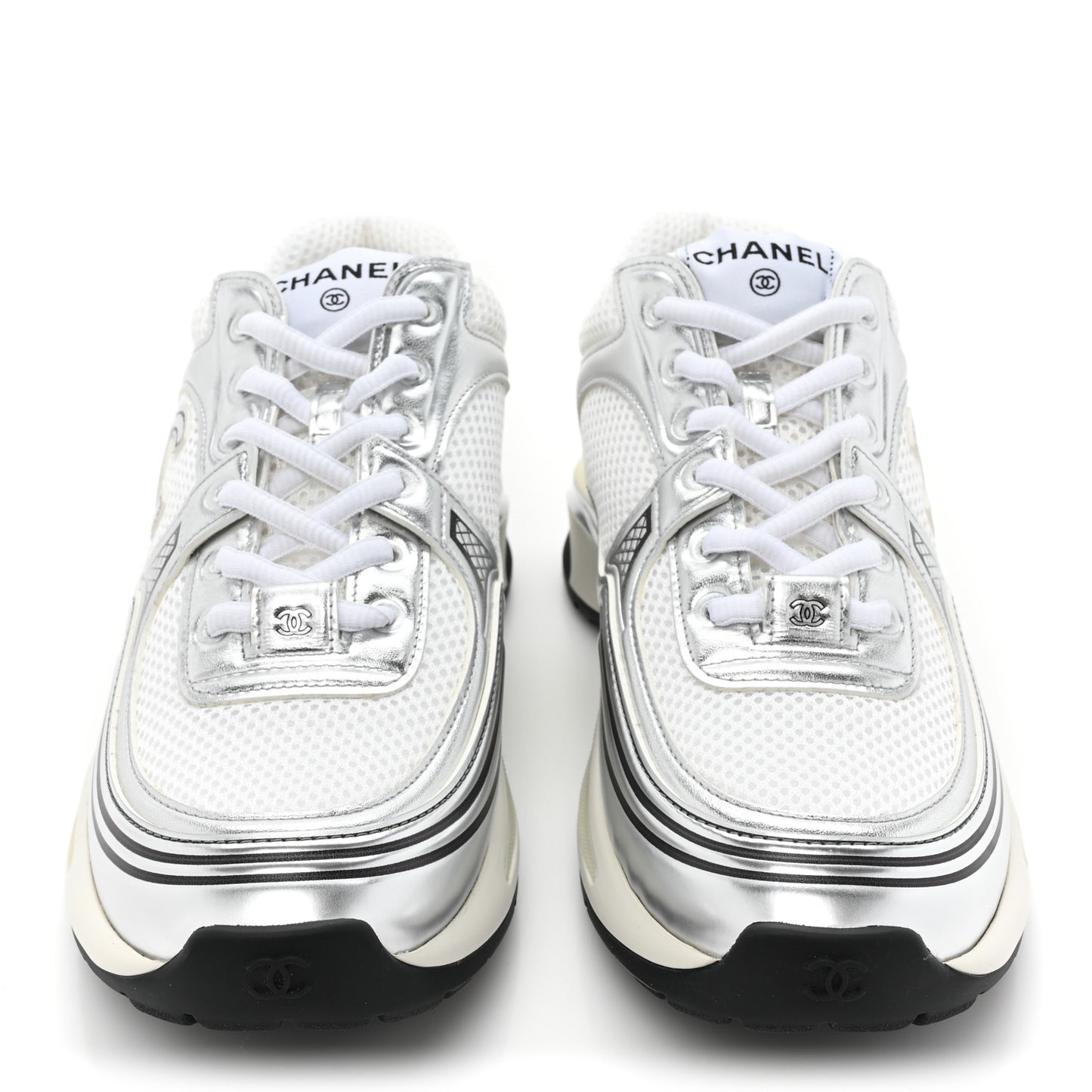 Fabric Laminated Calfskin Stretch CC Womens Sneakers 38.5 White Silver