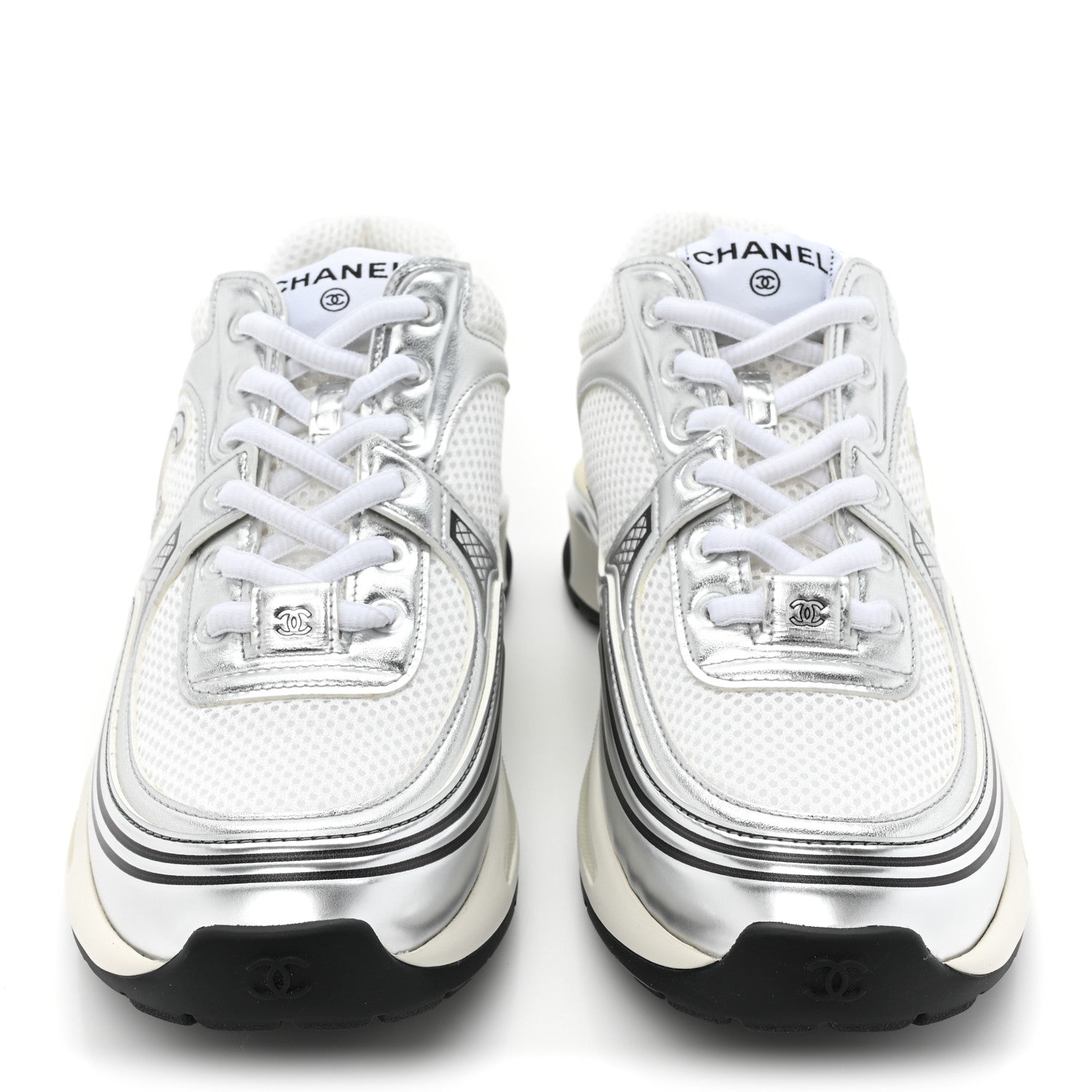 Chanel Fabric Laminated Calfskin Stretch CC Womens Sneakers 38.5 White Silver 2 of 10