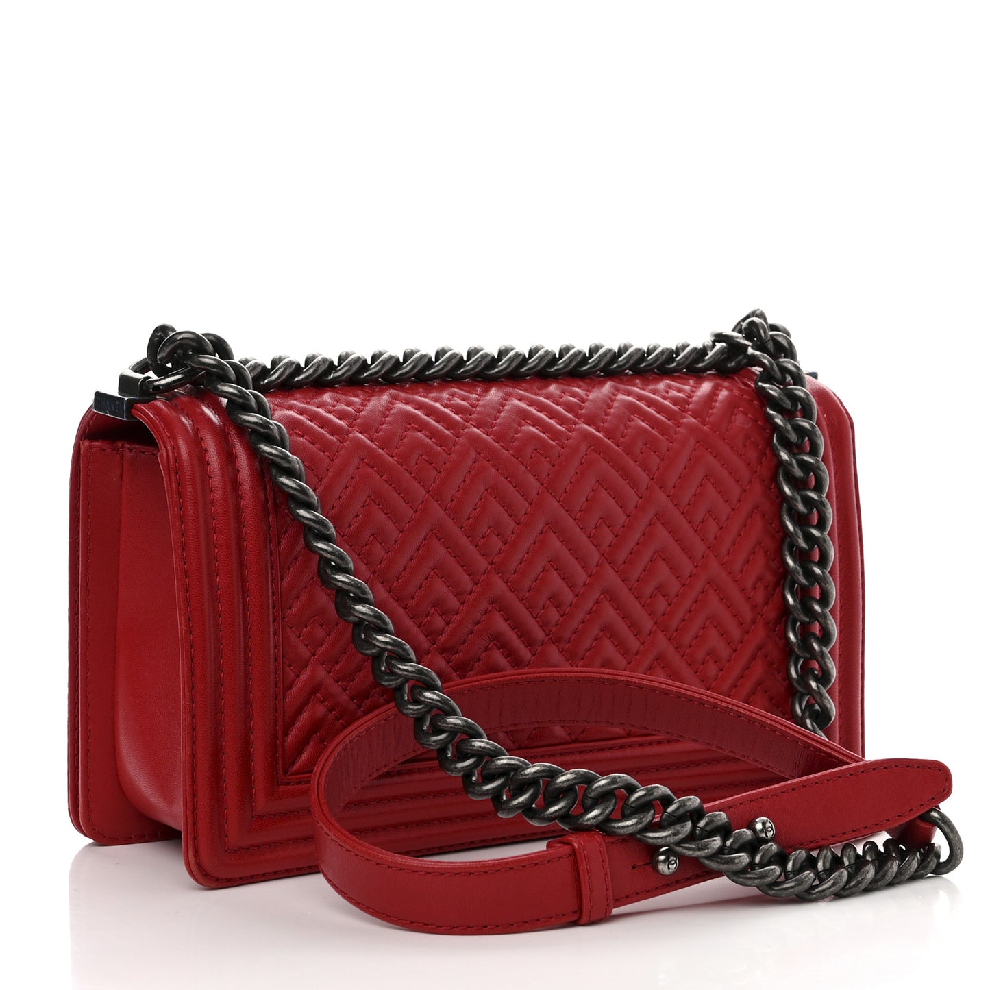 Lambskin Geometric Chevron Quilted Medium Boy Flap Red