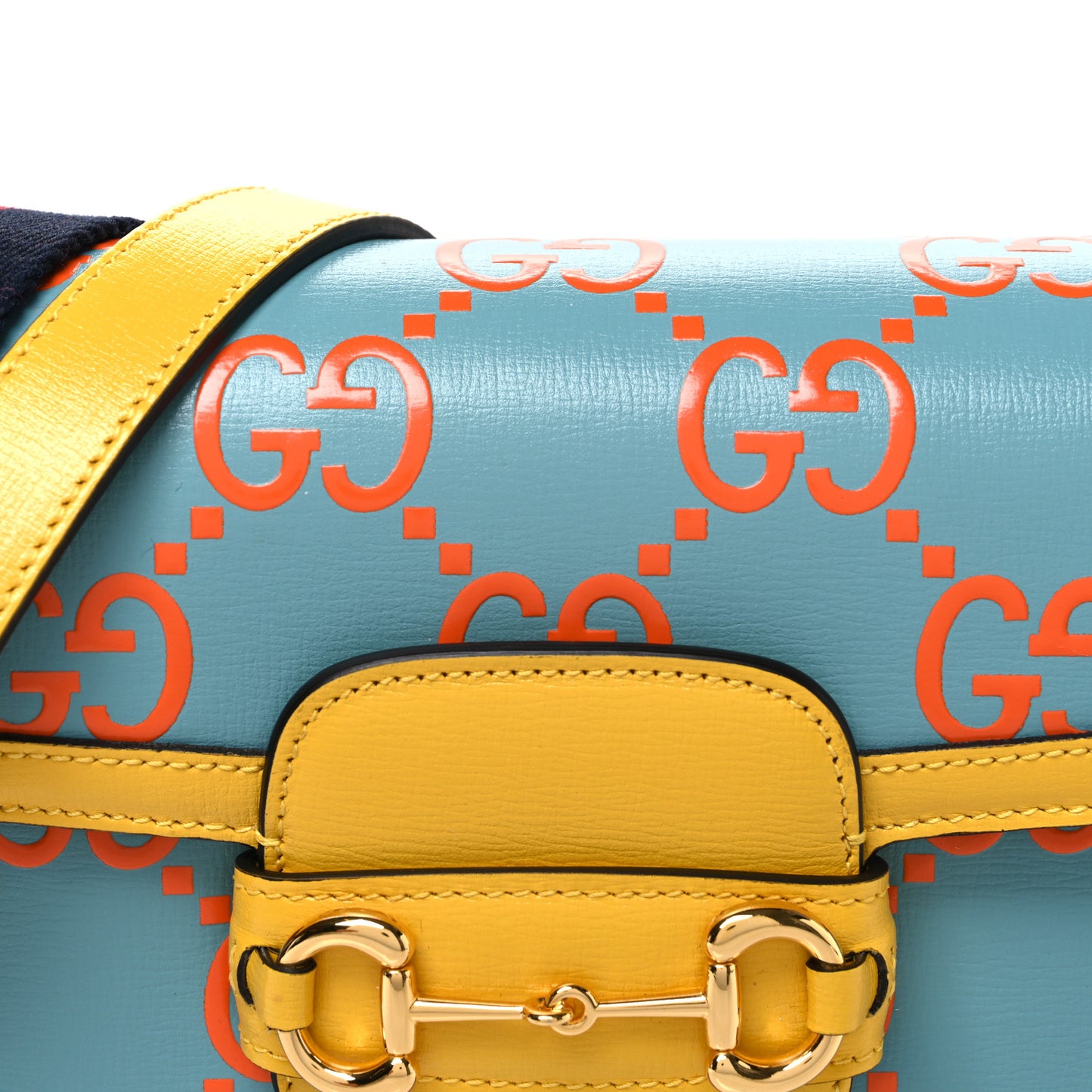 Azalea Calfskin GG Monogram Bi-Color Debossed Mini Horsebit 1955 Shoulder Bag Dusty Azure Stone Topaz Deep Orange