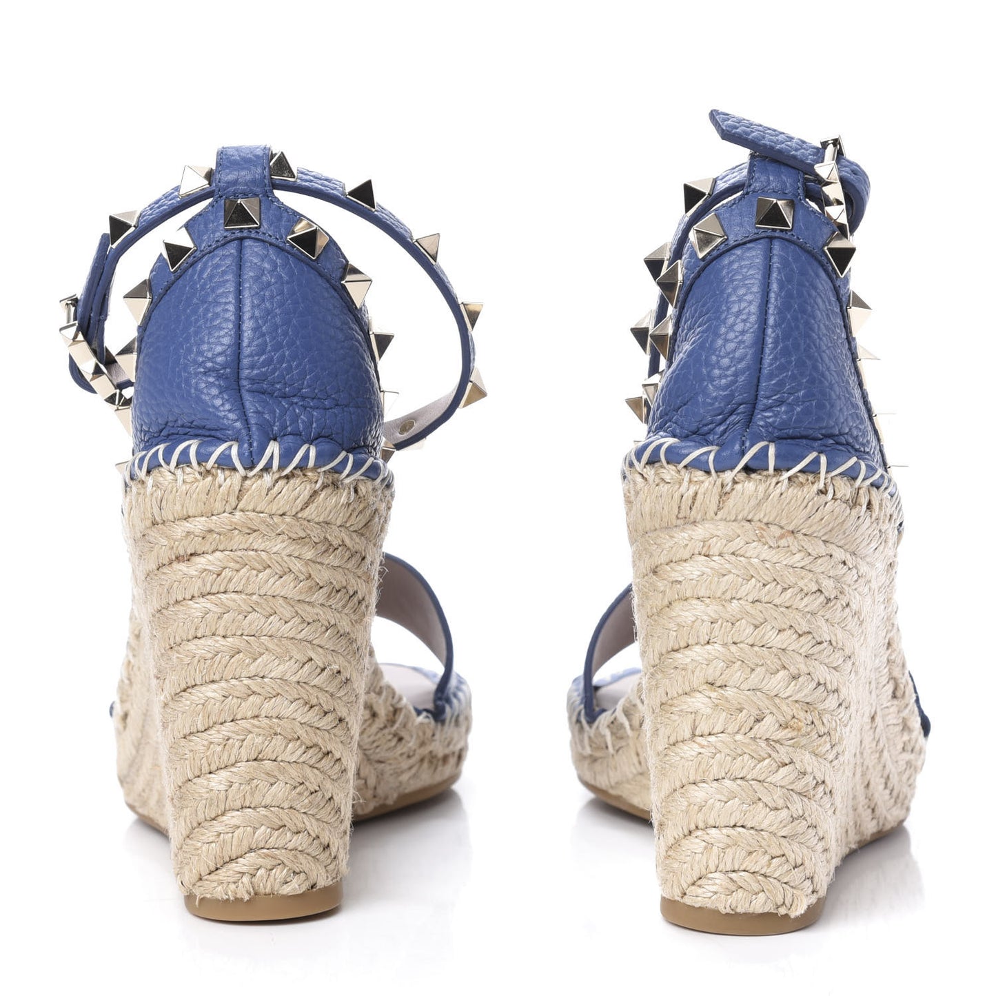 Grained Calfskin Rockstud Ankle Strap Espadrille 15/105mm Wedge Sandals 36 Baltique Natural