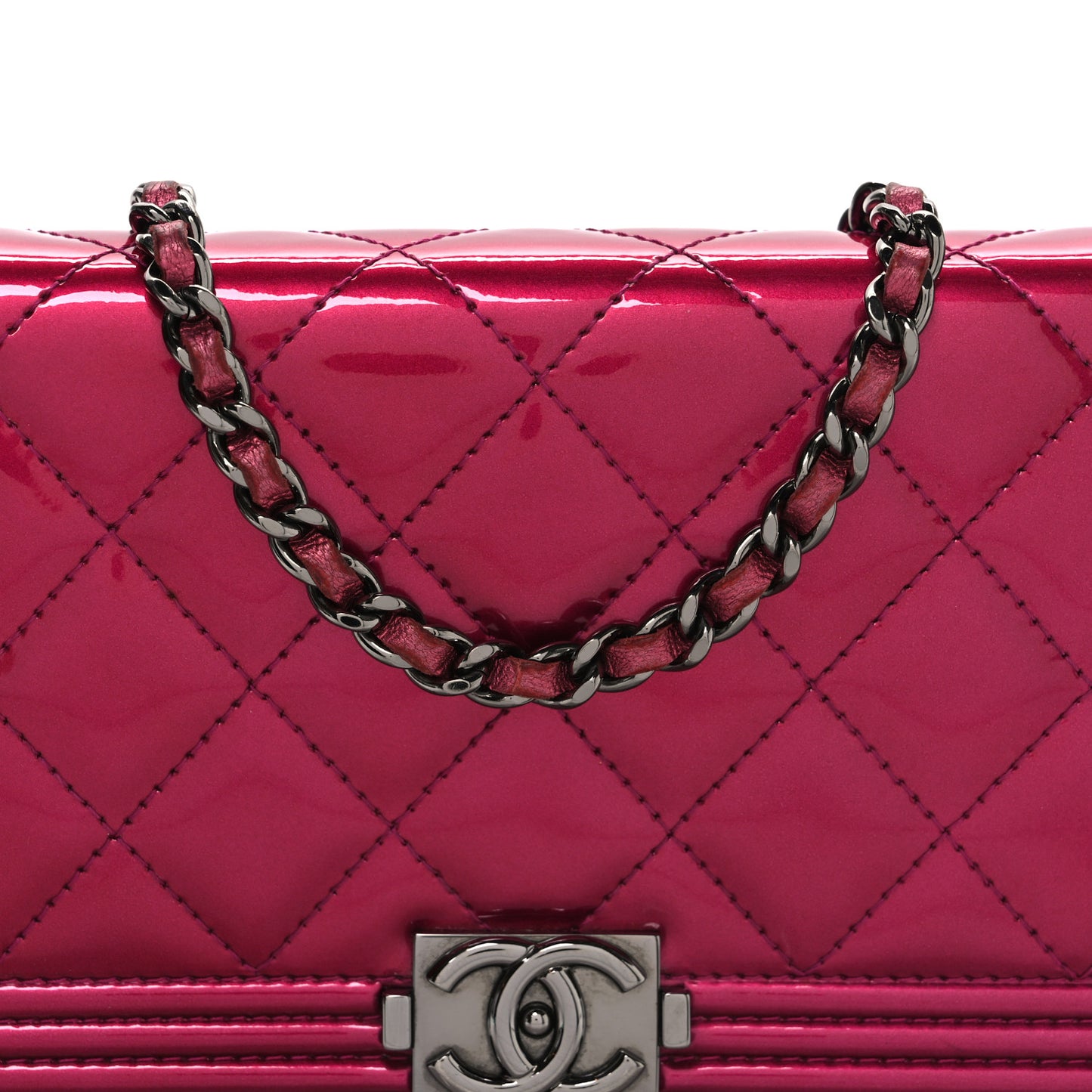 Metallic Patent Calfskin Quilted Boy Wallet On Chain WOC Fuchsia