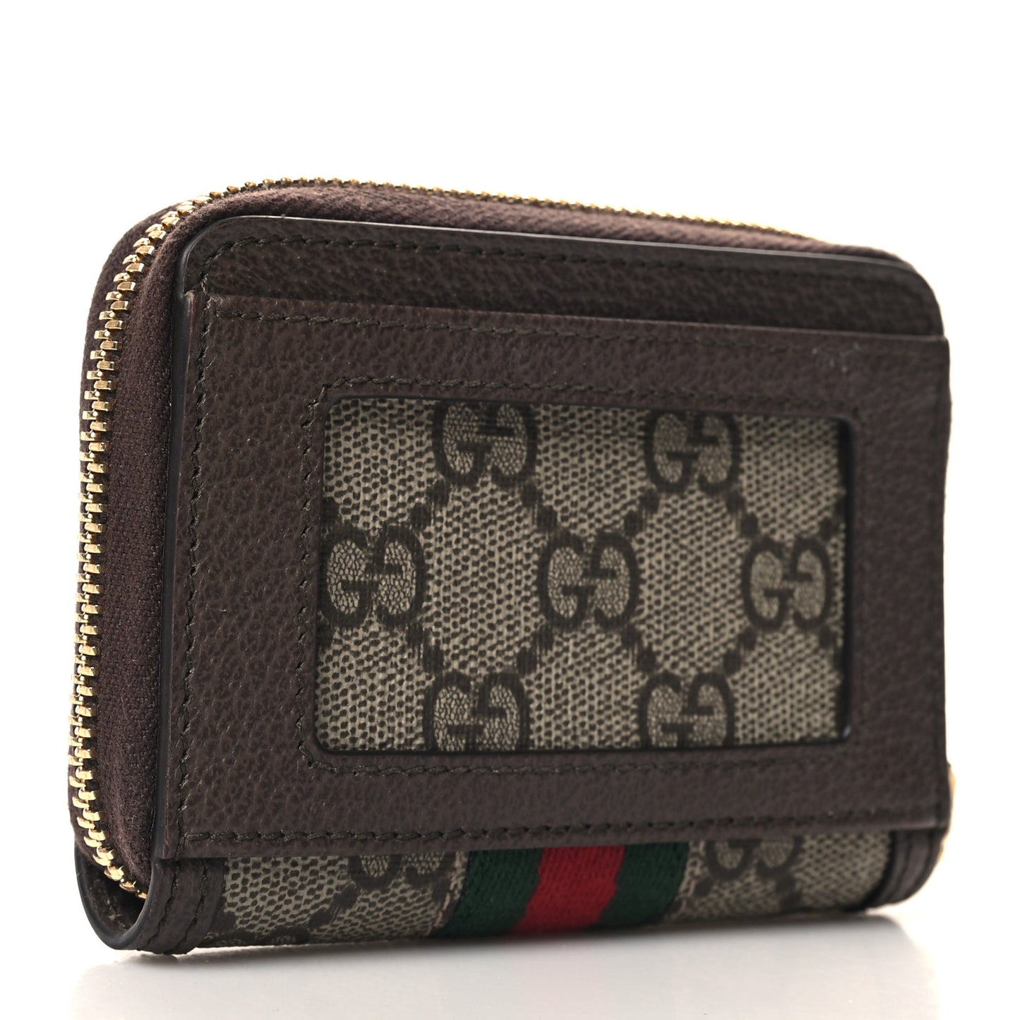 GG Supreme Monogram Textured Dollar Calfskin Web Ophidia Zip Around Card Case Wallet Beige Ebony New Acero