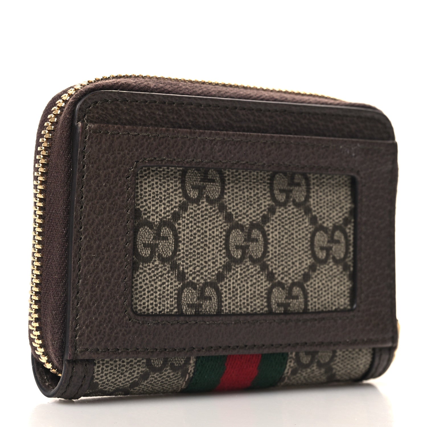 Gucci GG Supreme Monogram Textured Dollar Calfskin Web Ophidia Zip Around Card Case Wallet Beige Ebony New Acero 3 of 7