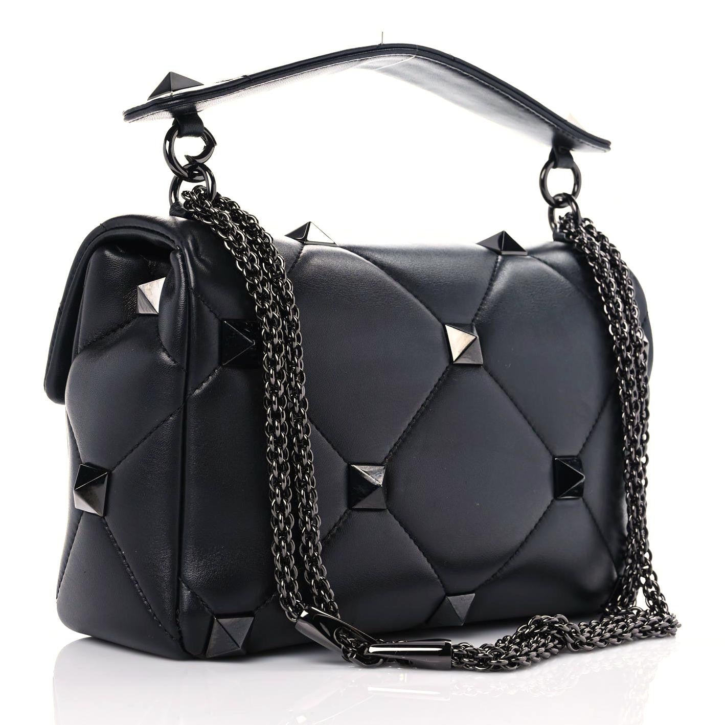 Nappa Monochrome Large Roman Stud Shoulder Bag Black