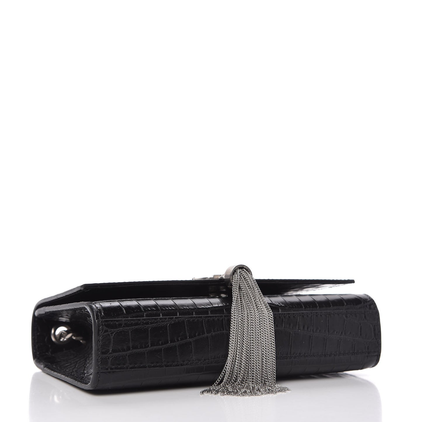 Calfskin Crocodile Embossed Small Classic Monogram Kate Tassel Satchel Black