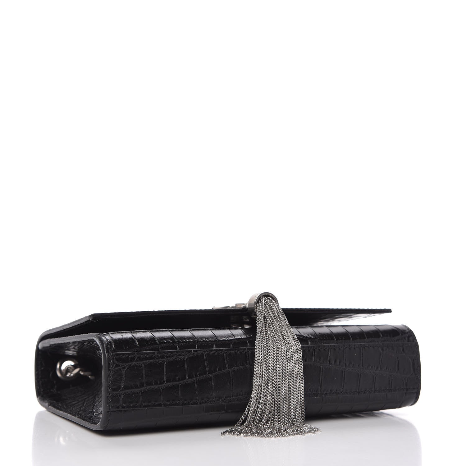 Saint Laurent Calfskin Crocodile Embossed Small Classic Monogram Kate Tassel Satchel Black 4 of 9