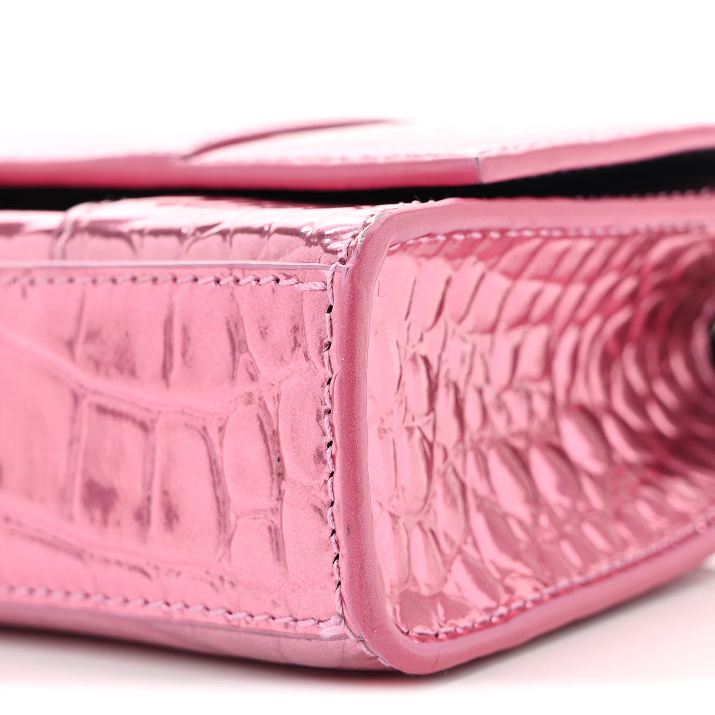 Metallic Shiny Calfskin Crocodile Embossed Hourglass Chain Bag Pink