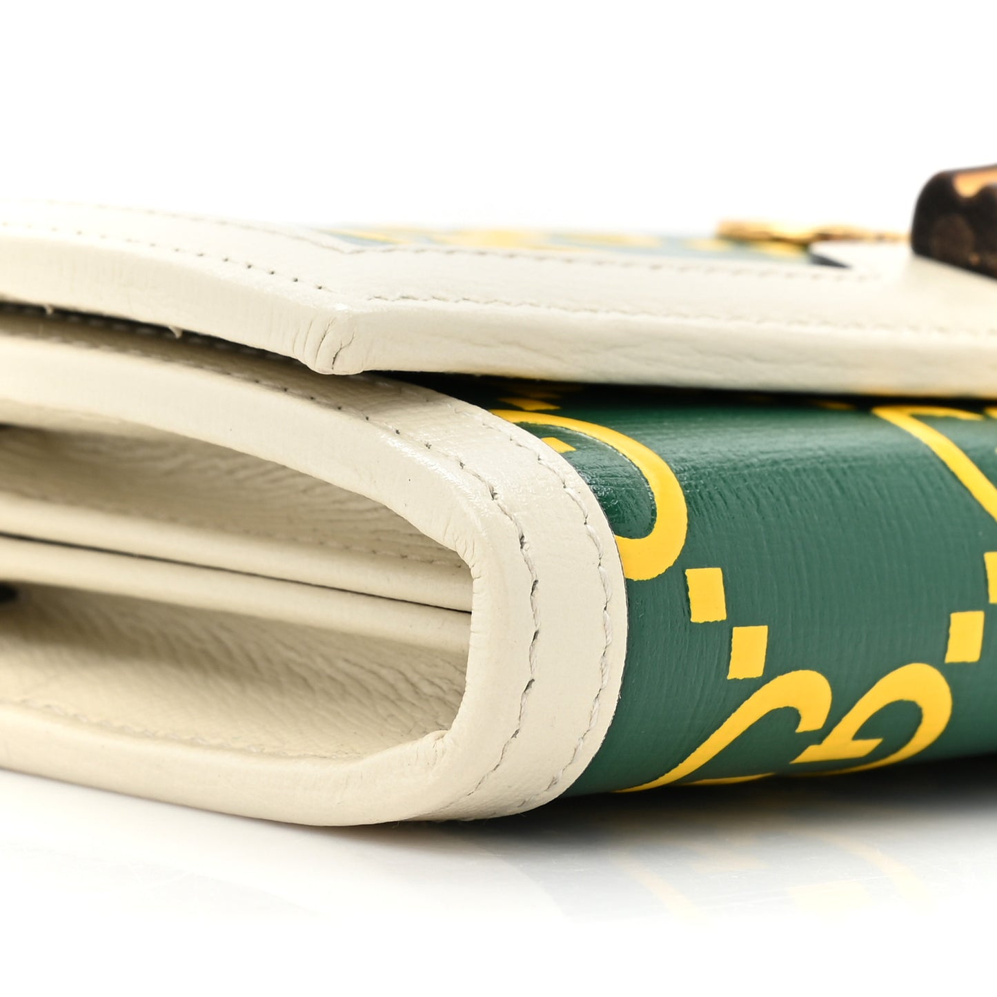 Azalea Calfskin GG Monogram Bi-Color Debossed Diana Chain Wallet Emerald Stone Topaz Mystic White