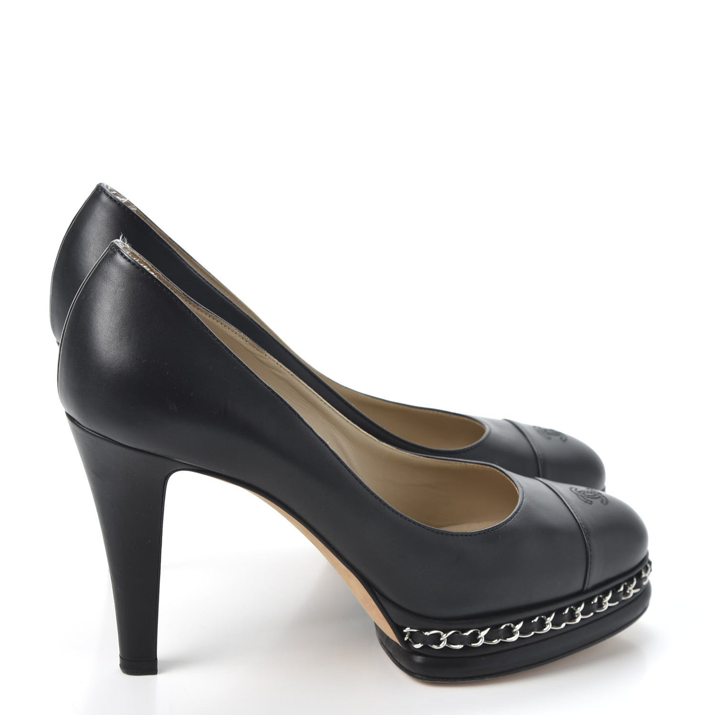 Lambskin CC Cap Toe Platform Chain Pumps 38.5 Black