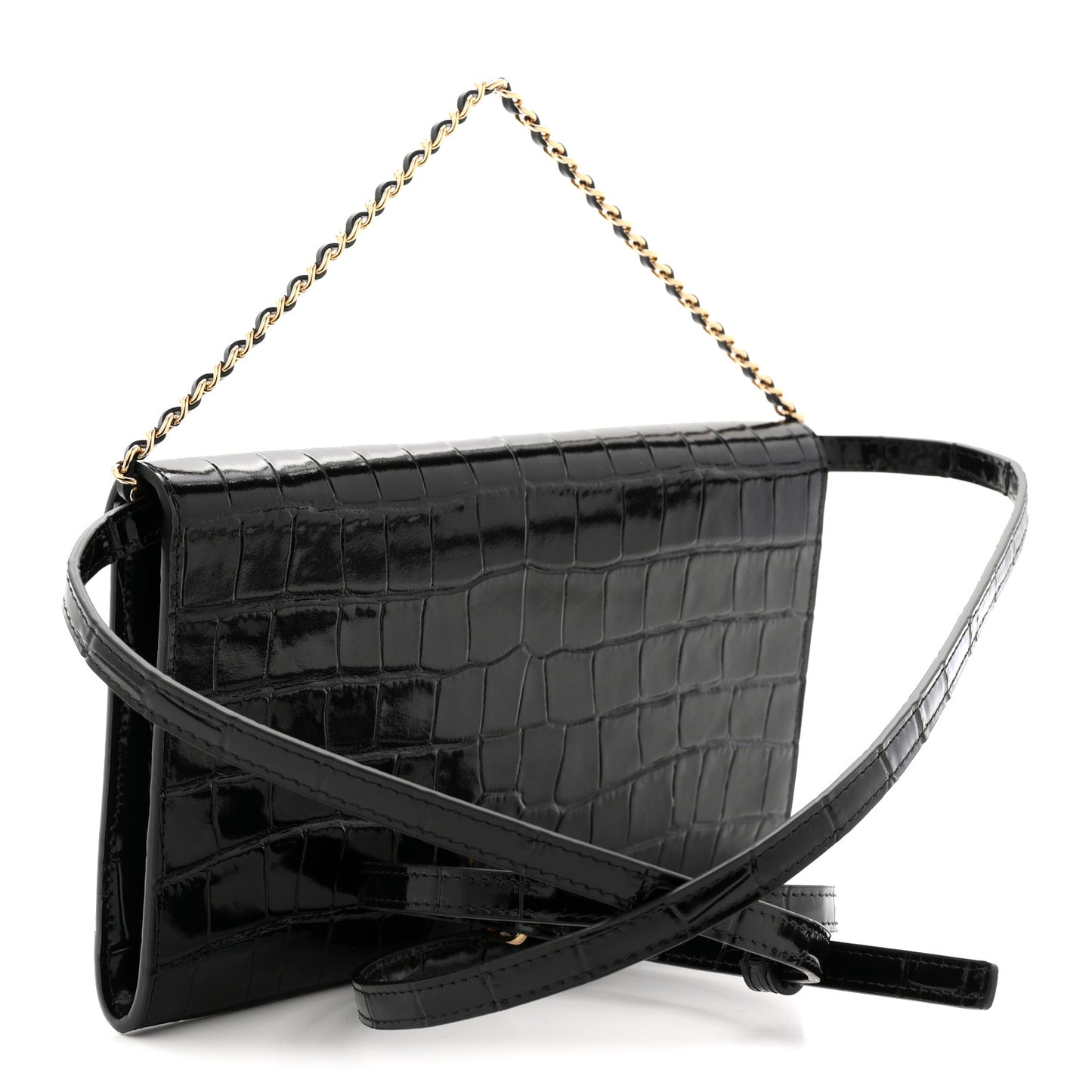 Calfskin Crocodile Embossed Clutch With Chain Black