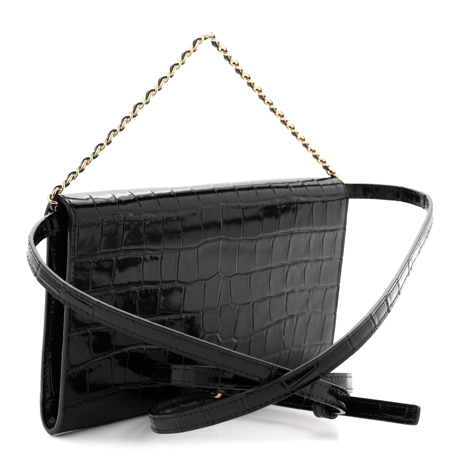 Chanel Calfskin Crocodile Embossed Clutch With Chain Black 3 of 11