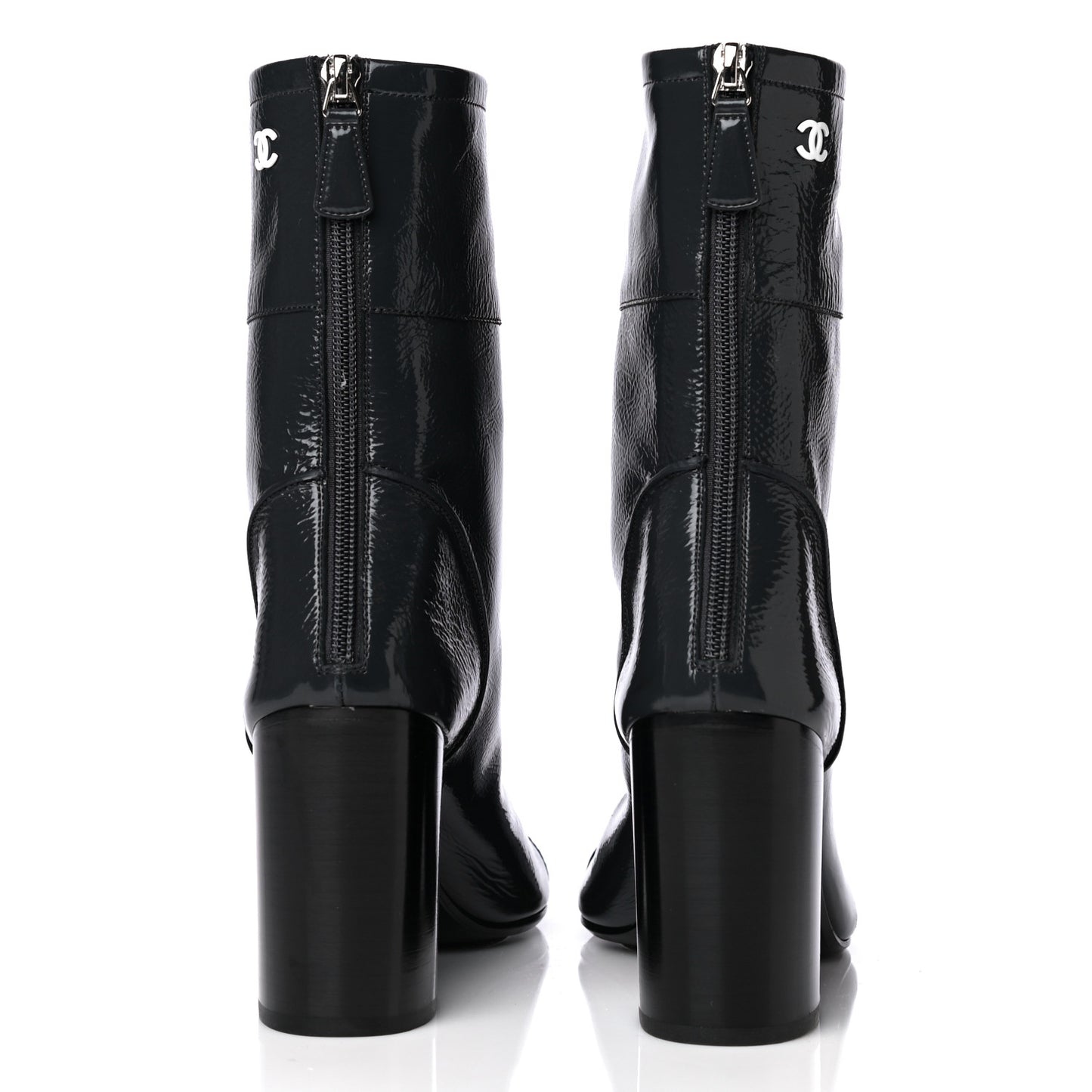 Shiny Crumpled Calfskin CC Cap Toe Short Boots 38.5 Dark Grey