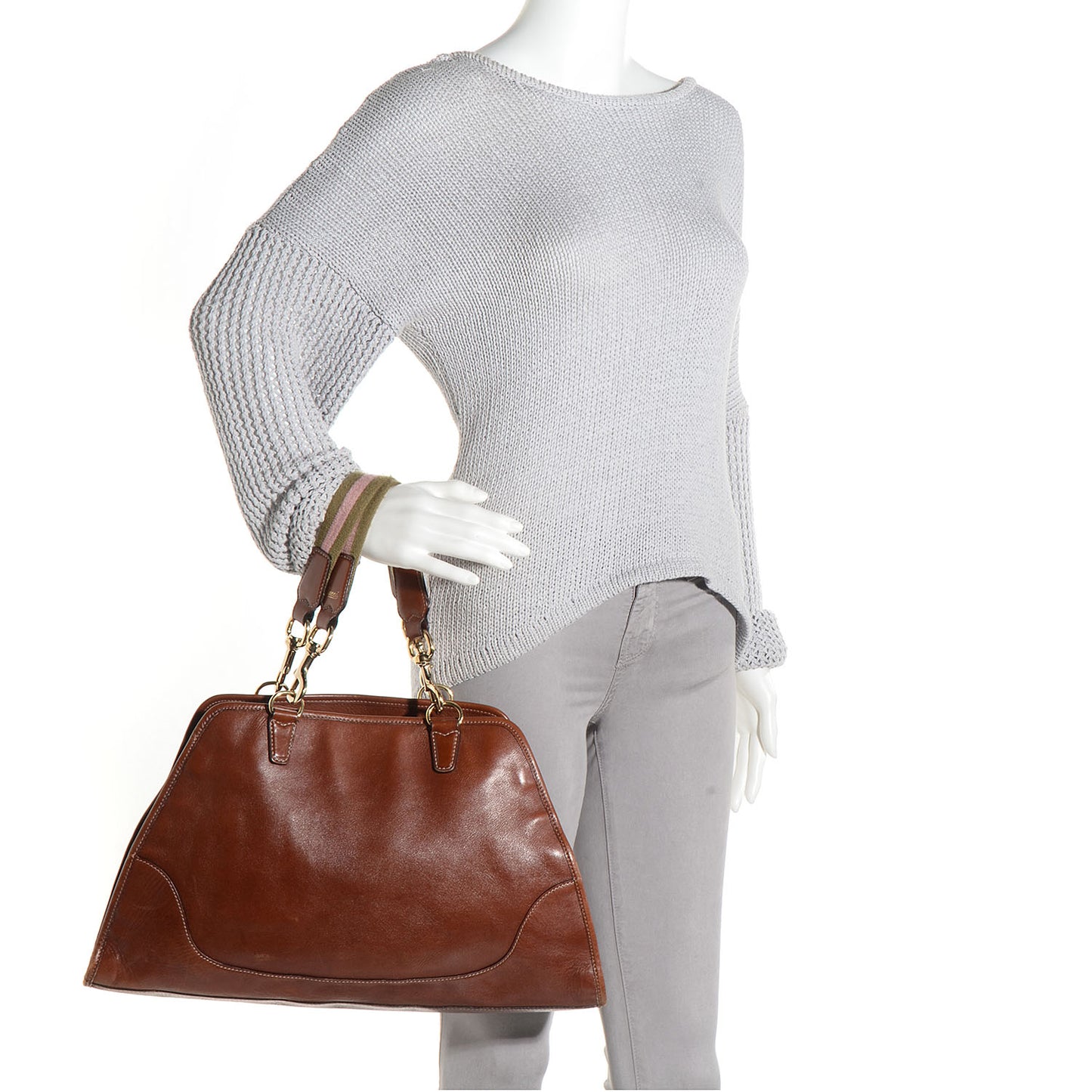 Leather Web Strap Tote Brown