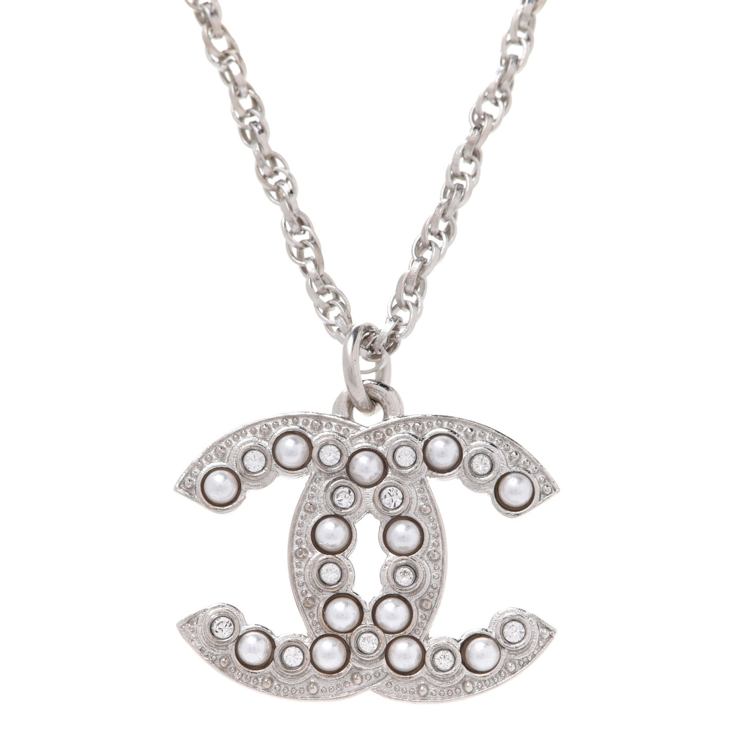 Pearl Crystal CC Pendant Necklace Silver