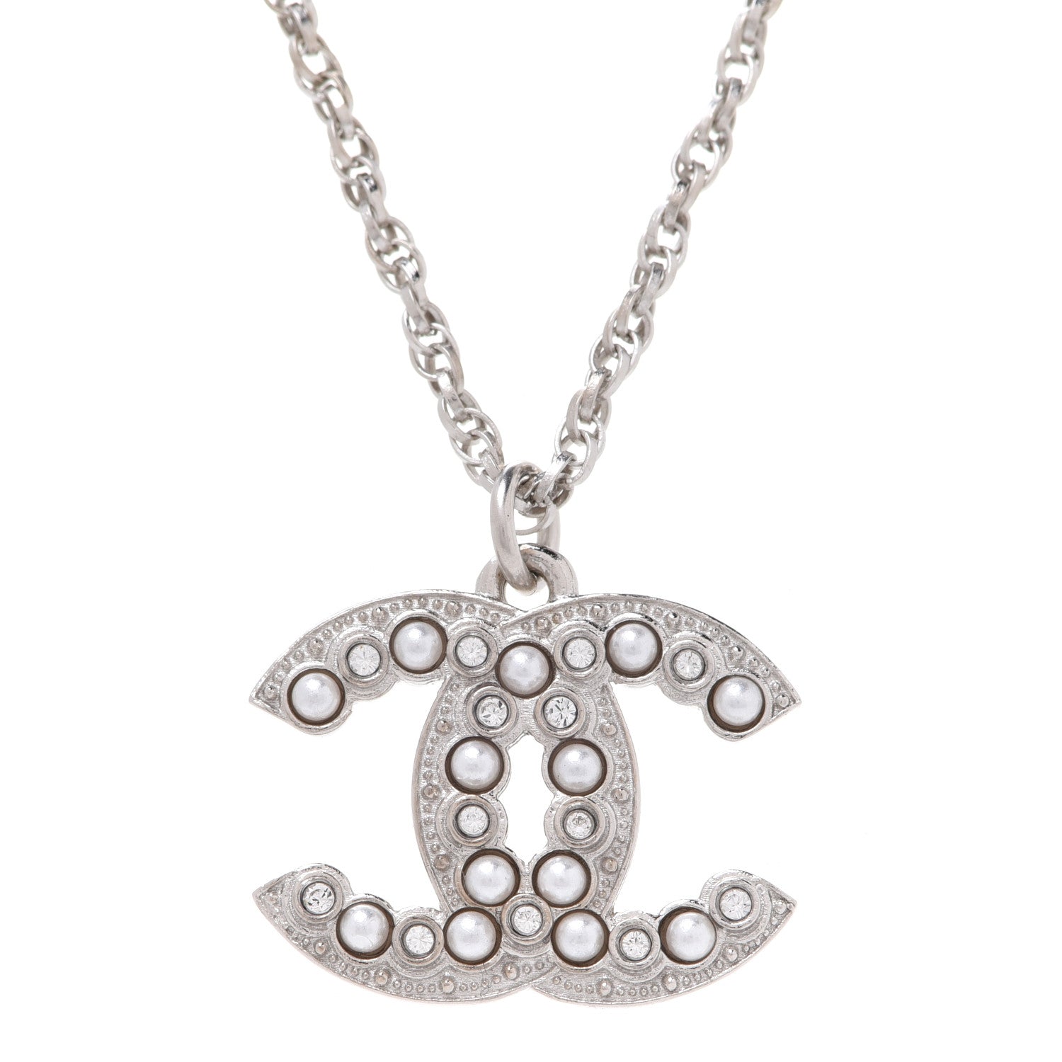 Chanel Pearl Crystal CC Pendant Necklace Silver 4 of 6