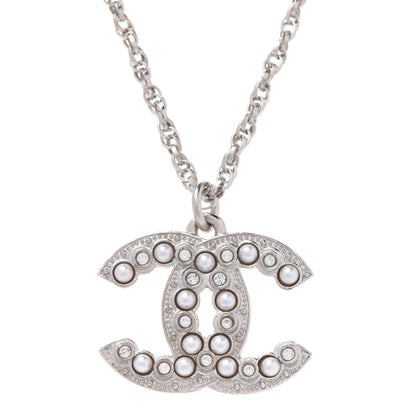 Chanel Pearl Crystal CC Pendant Necklace Silver 4 of 6