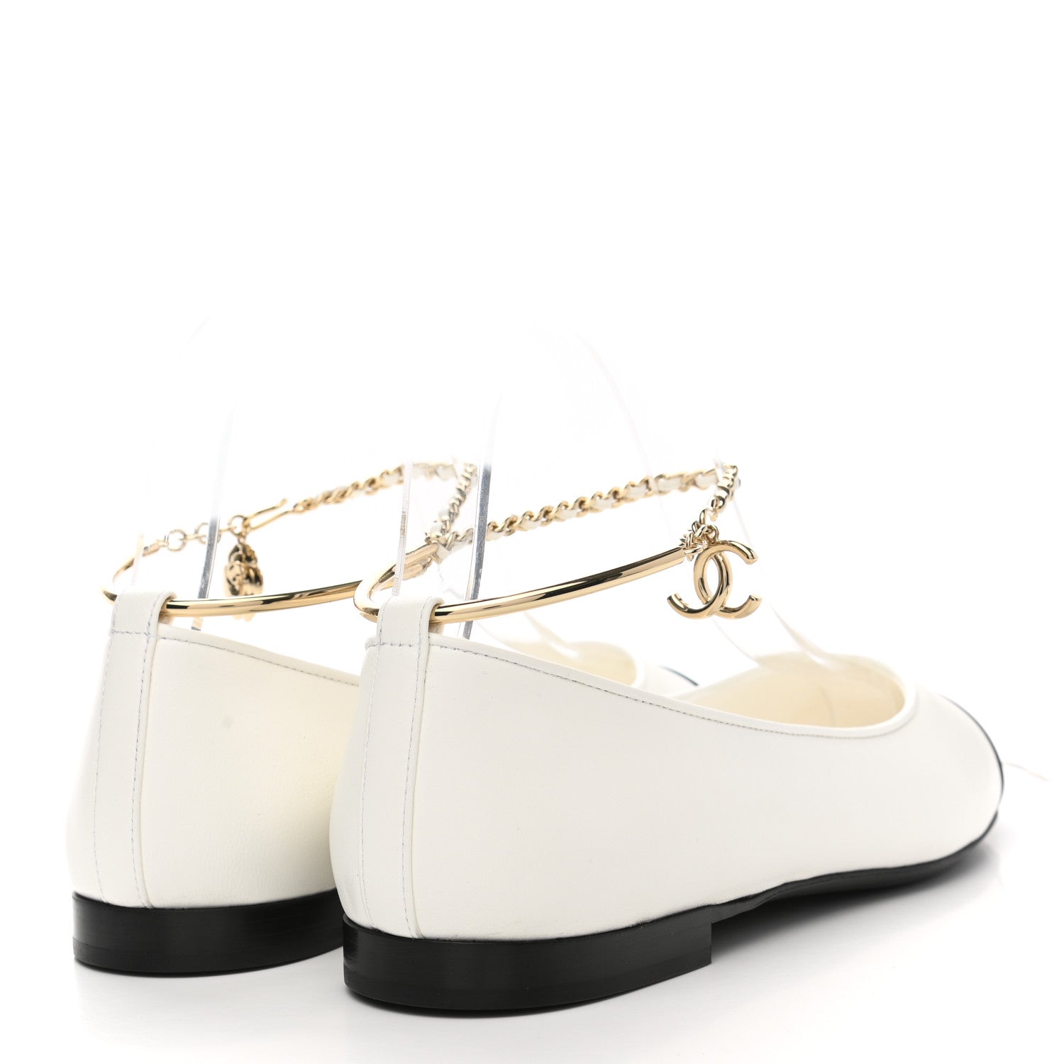 Chanel Lambskin Patent Calfskin Cap Toe Ankle Chain Ballerina Flats 39 White Black 4 of 9