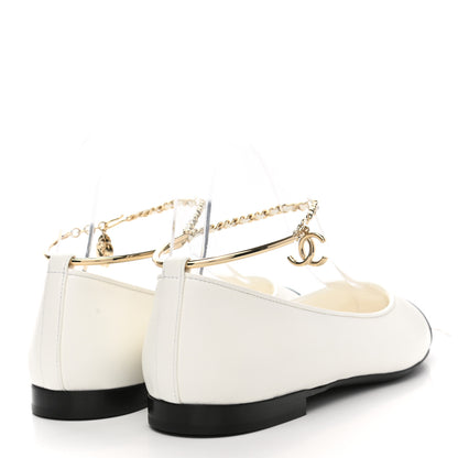 Chanel Lambskin Patent Calfskin Cap Toe Ankle Chain Ballerina Flats 39 White Black 4 of 9