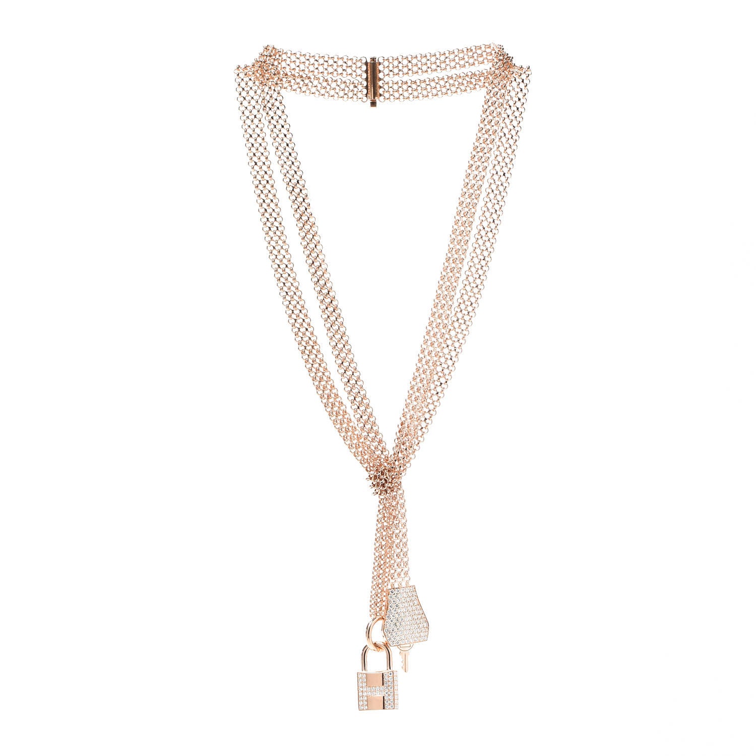 Hermes 18K Rose Gold Pave Diamond GM Kelly Clochette Necklace ST 3 of 7