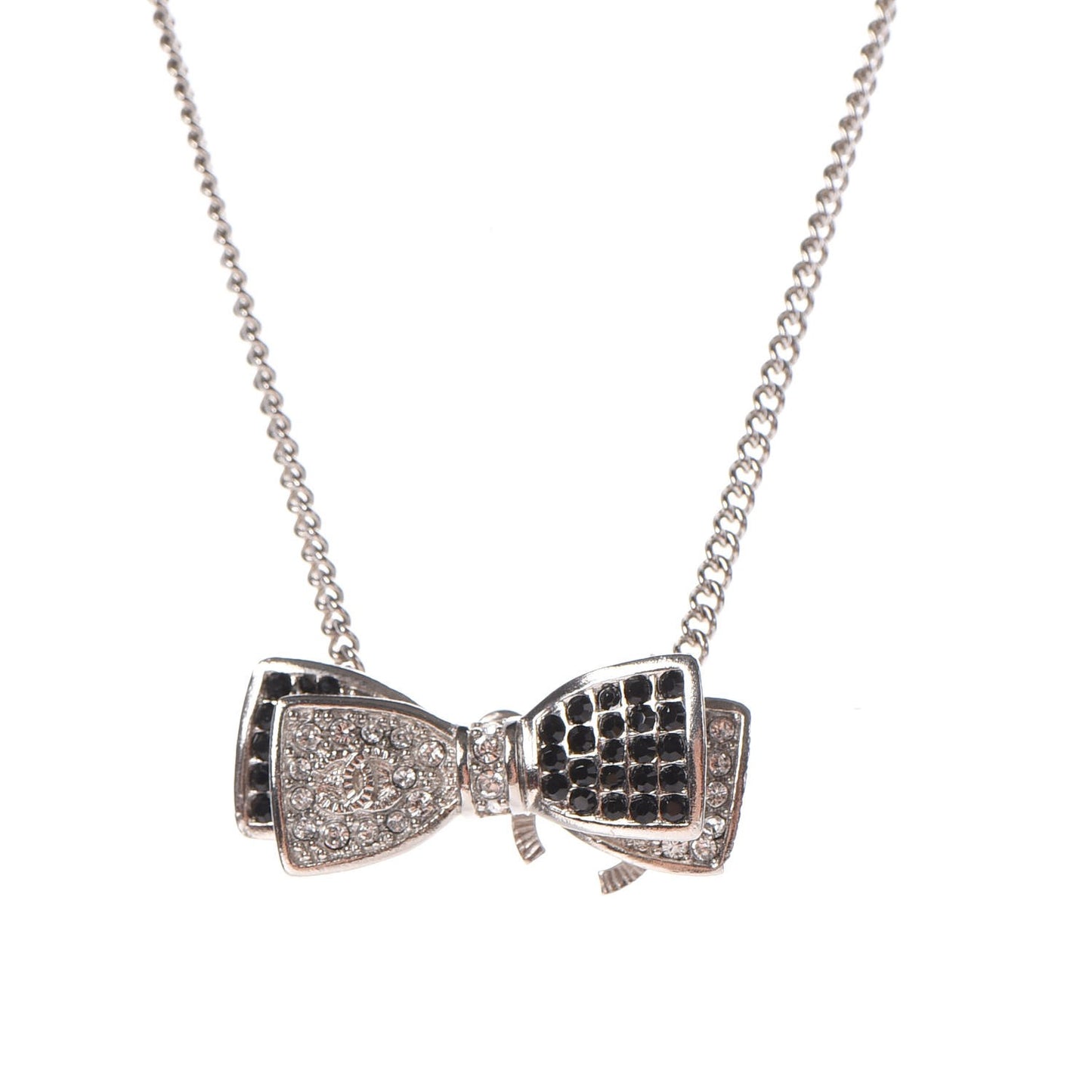 Crystal CC Bow Necklace Silver Black