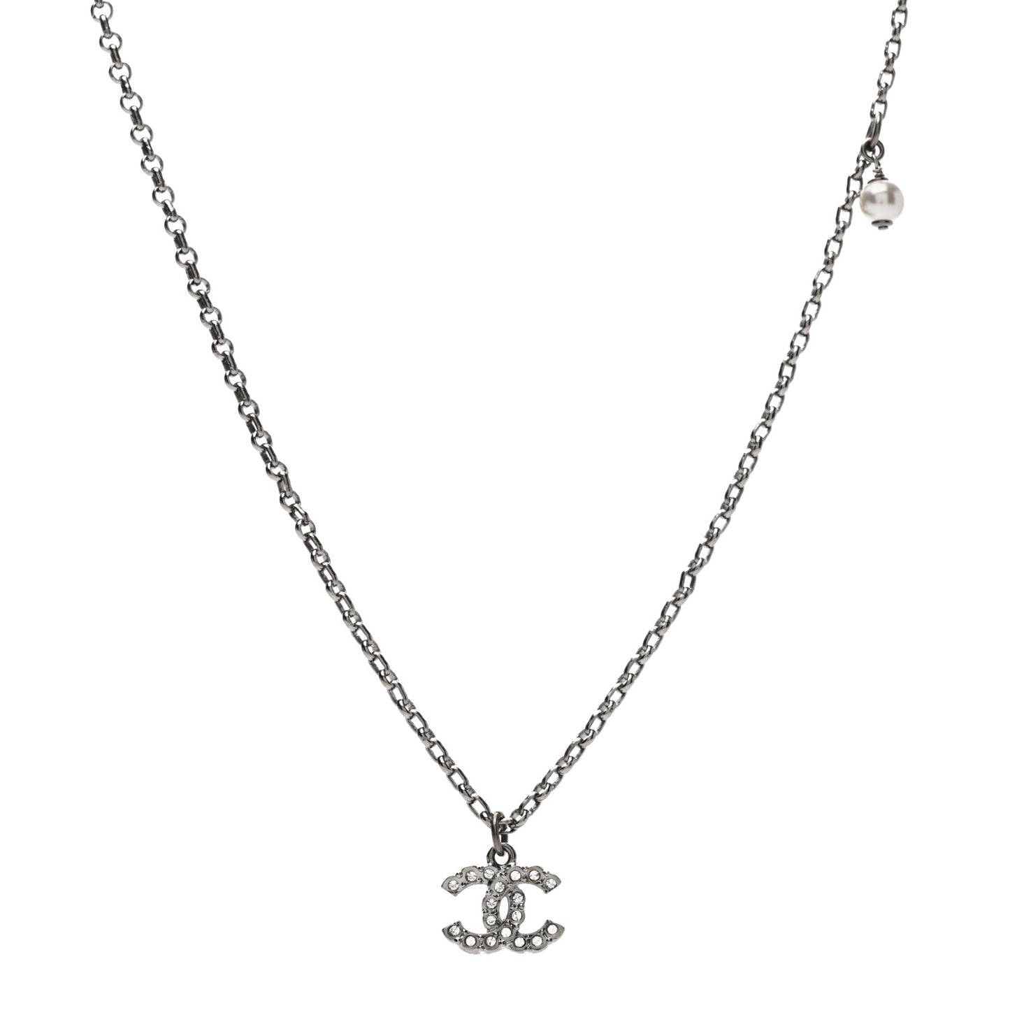 Pearl Crystal CC Pendant Necklace Ruthenium