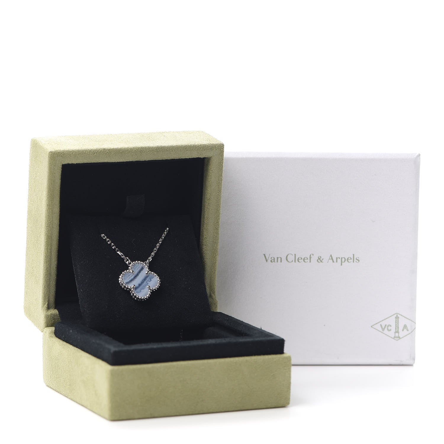 Van Cleef & Arpels 18K White Gold Chalcedony Vintage Alhambra Pendant Necklace 8 of 8
