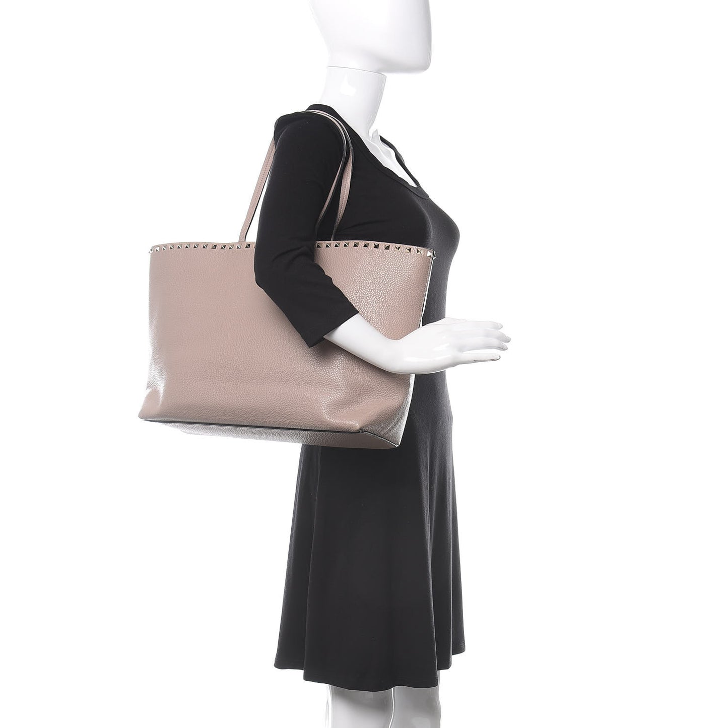 Grained Calfskin Rockstud Shoulder Tote Poudre