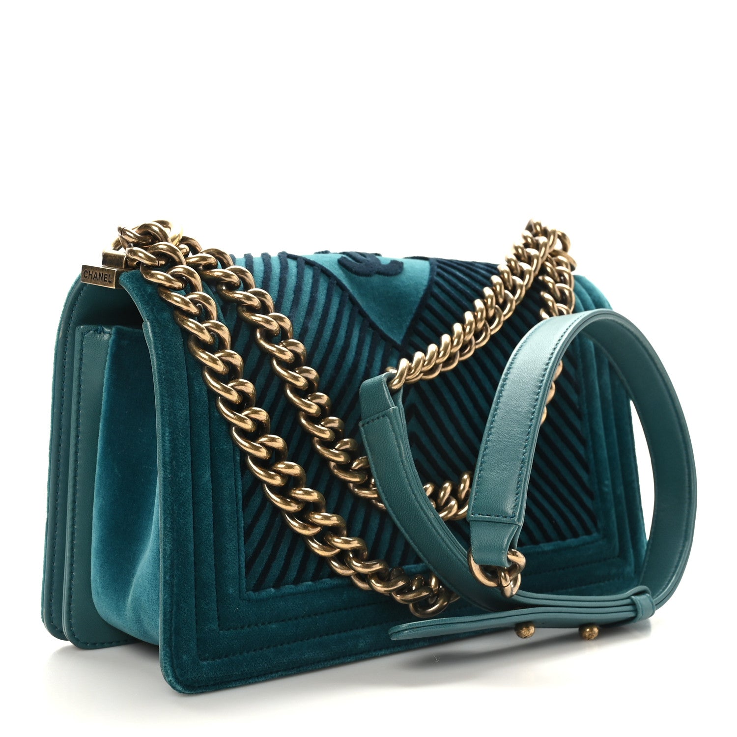 Chanel Velvet Chevron Quilted Medium Boy Flap Peacock Blue 3 of 9