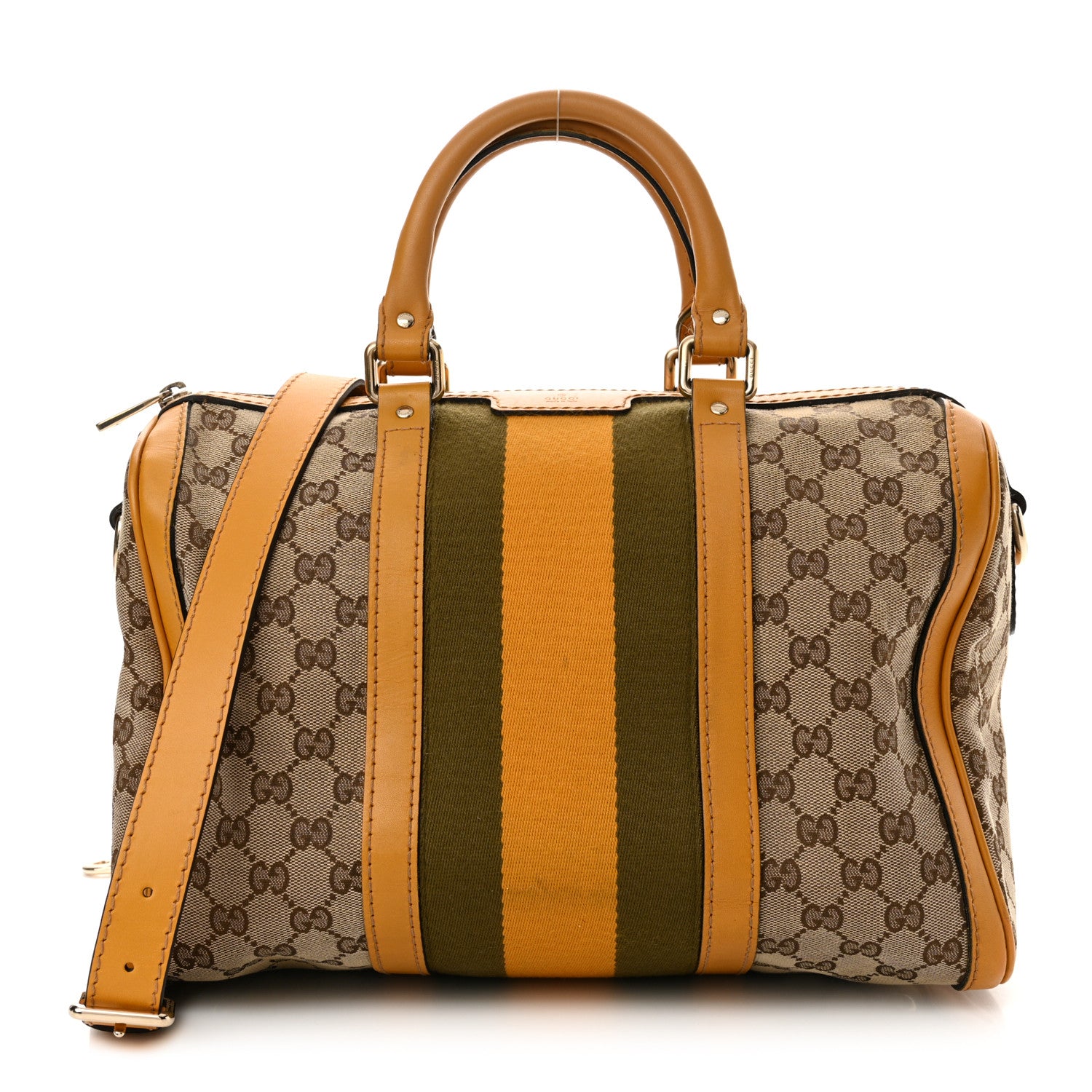 Gucci Monogram Selleria Calfskin Vintage Web Medium Boston Beige Ebony Yellow 1 of 17