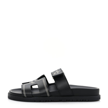 Hermes Calfskin Womens Embroidered Chypre Sandals 36.5 Black 1 of 9