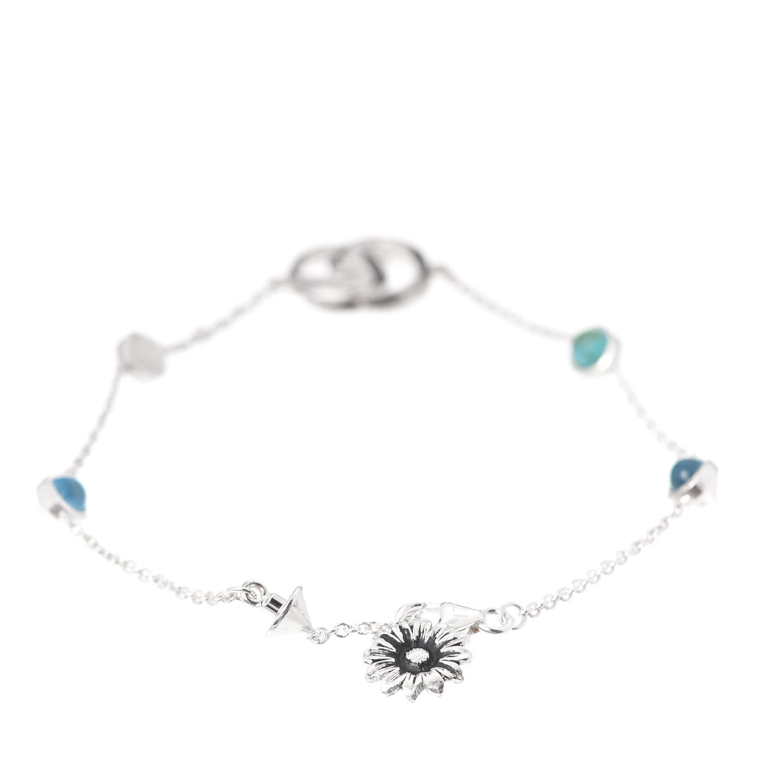 Gucci Sterling Silver Blue Topaz Mother of Pearl Turquoise Resin Double G Flower Bracelet 3 of 6