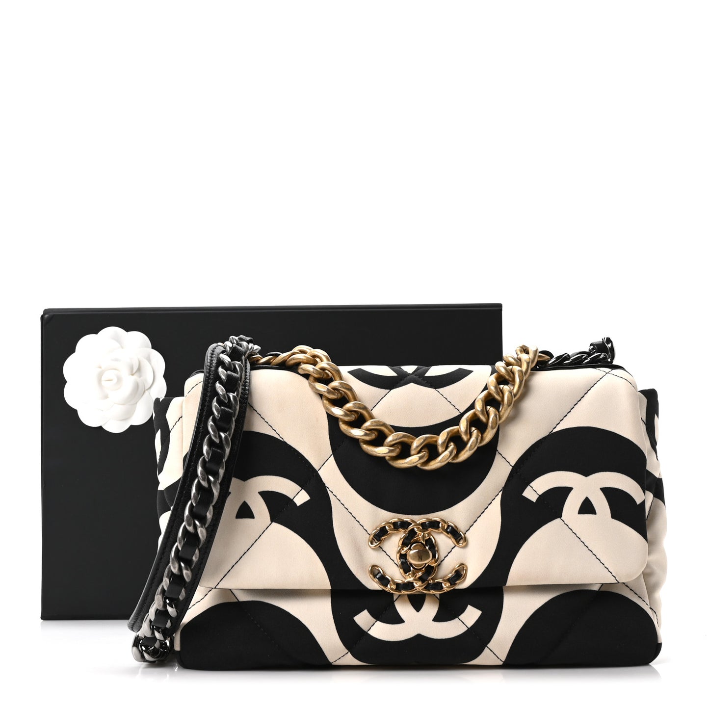 Fabric Printed Medium Chanel 19 Flap Black Ecru