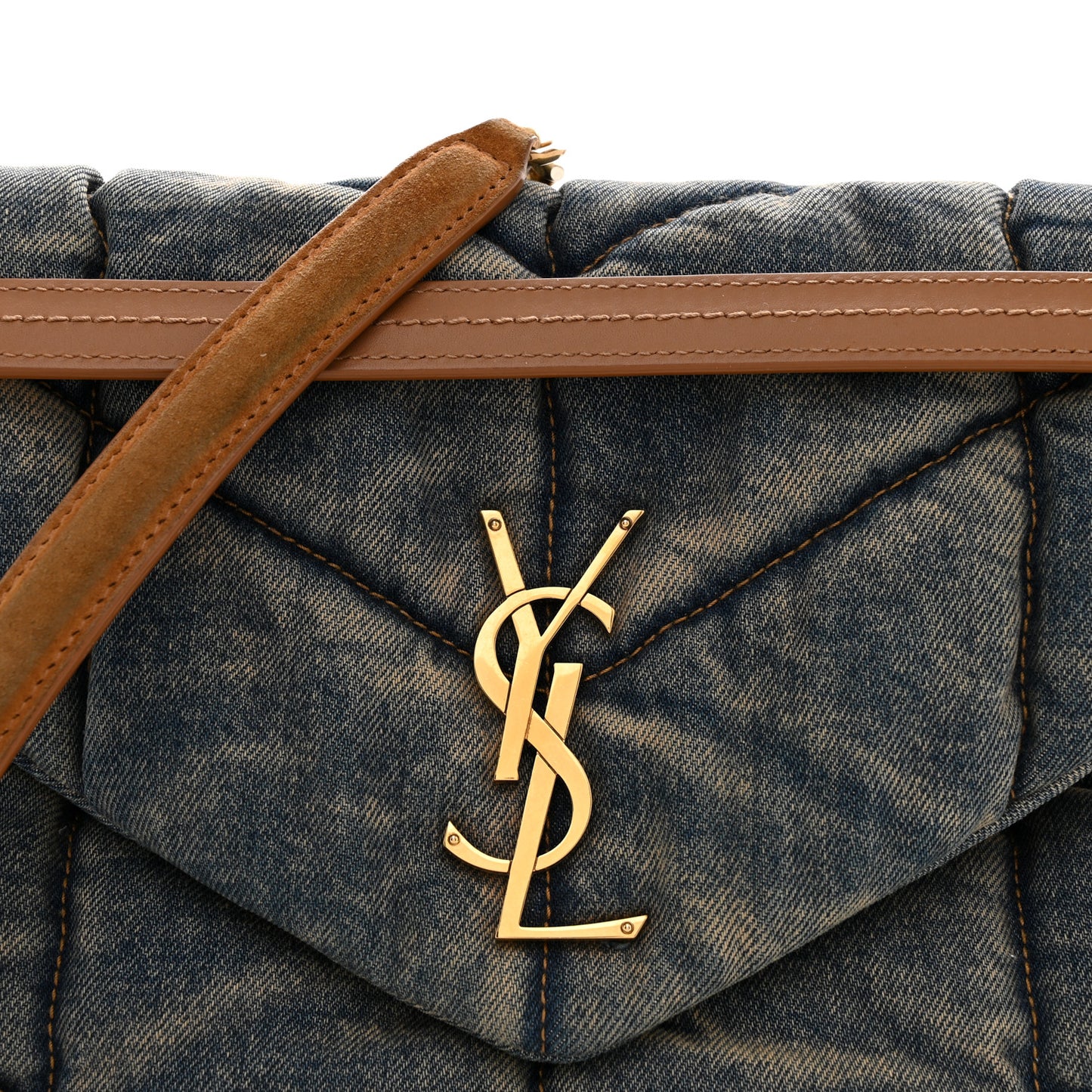 Denim Quilted Medium Loulou Puffer Monogram Chain Satchel Blue Cinnamon
