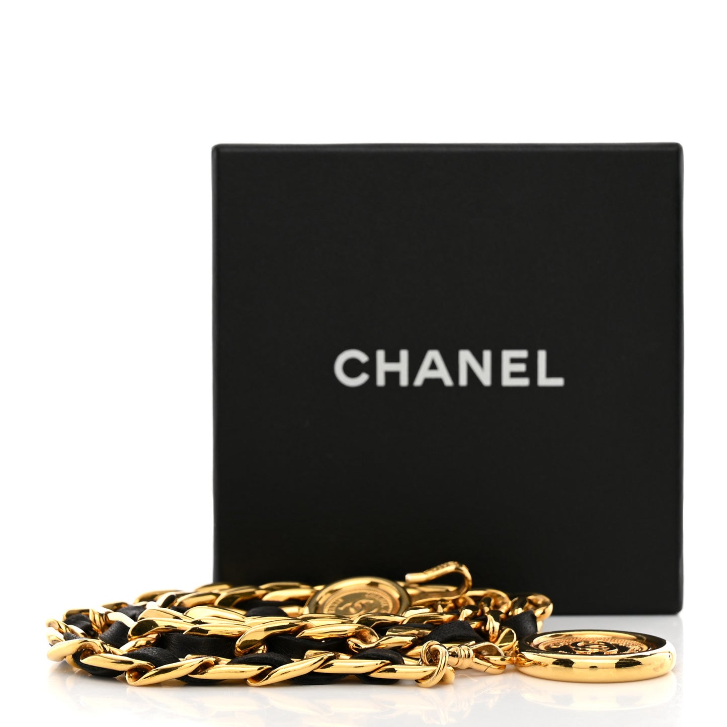 Lambskin Chain CC Medallion Belt Black Gold